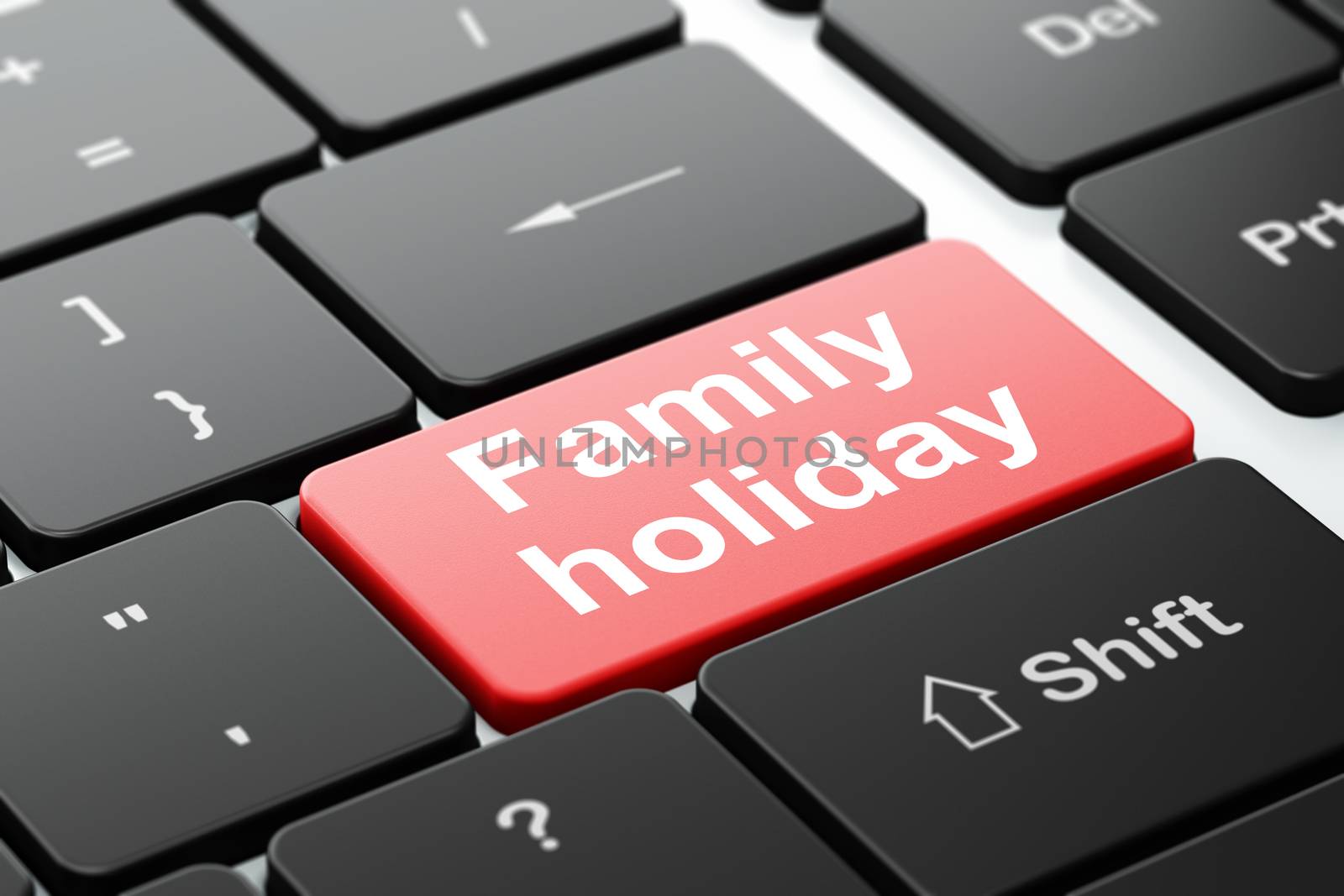 Tourism concept: computer keyboard with word Family Holiday, selected focus on enter button background, 3d render