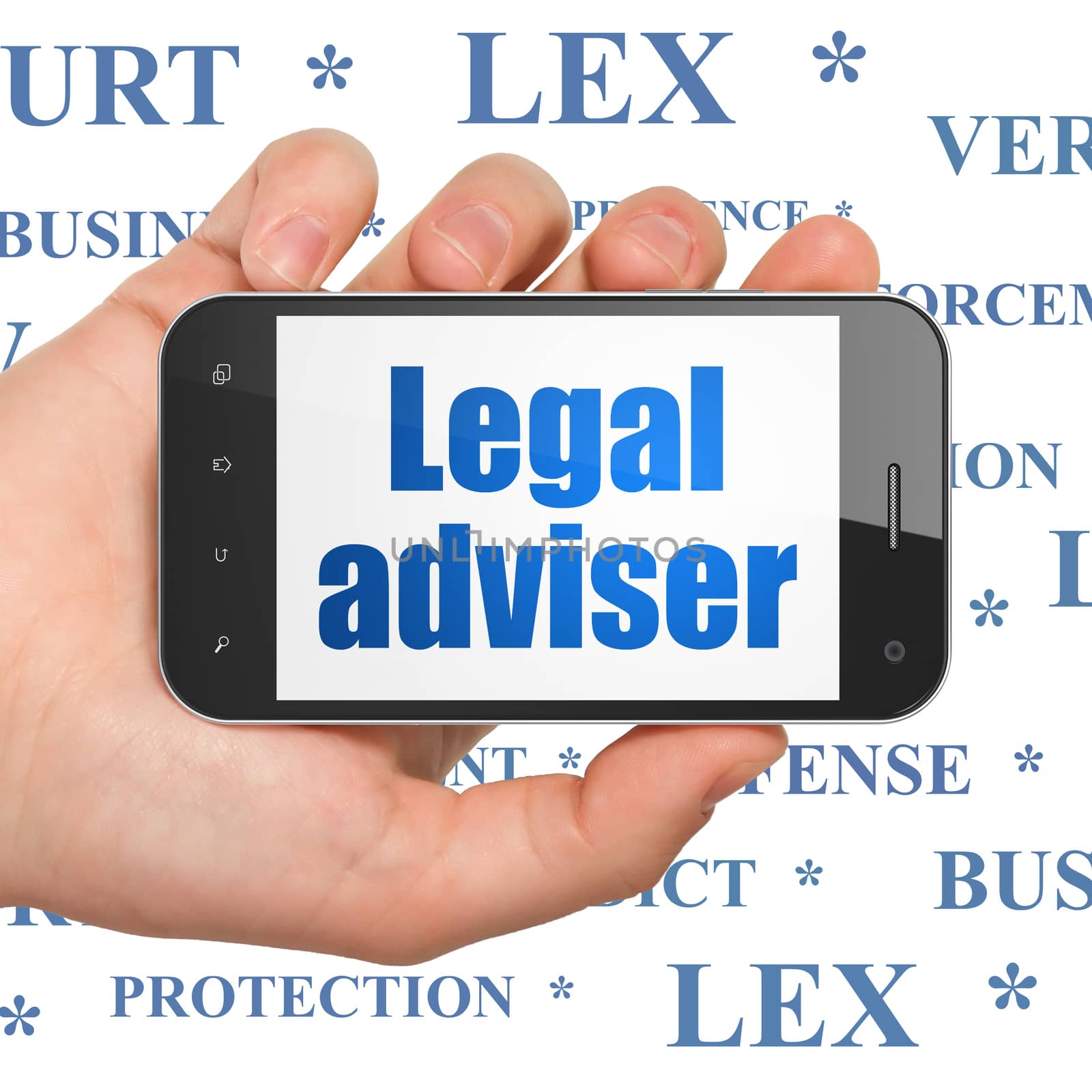 Law concept: Hand Holding Smartphone with  blue text Legal Adviser on display,  Tag Cloud background