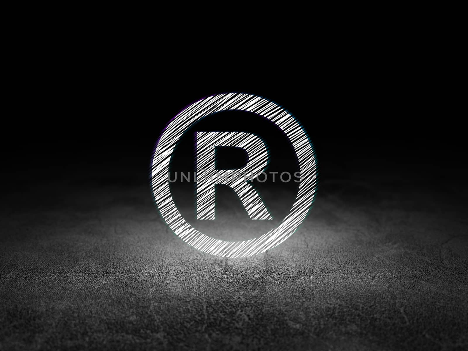 Law concept: Glowing Registered icon in grunge dark room with Dirty Floor, black background
