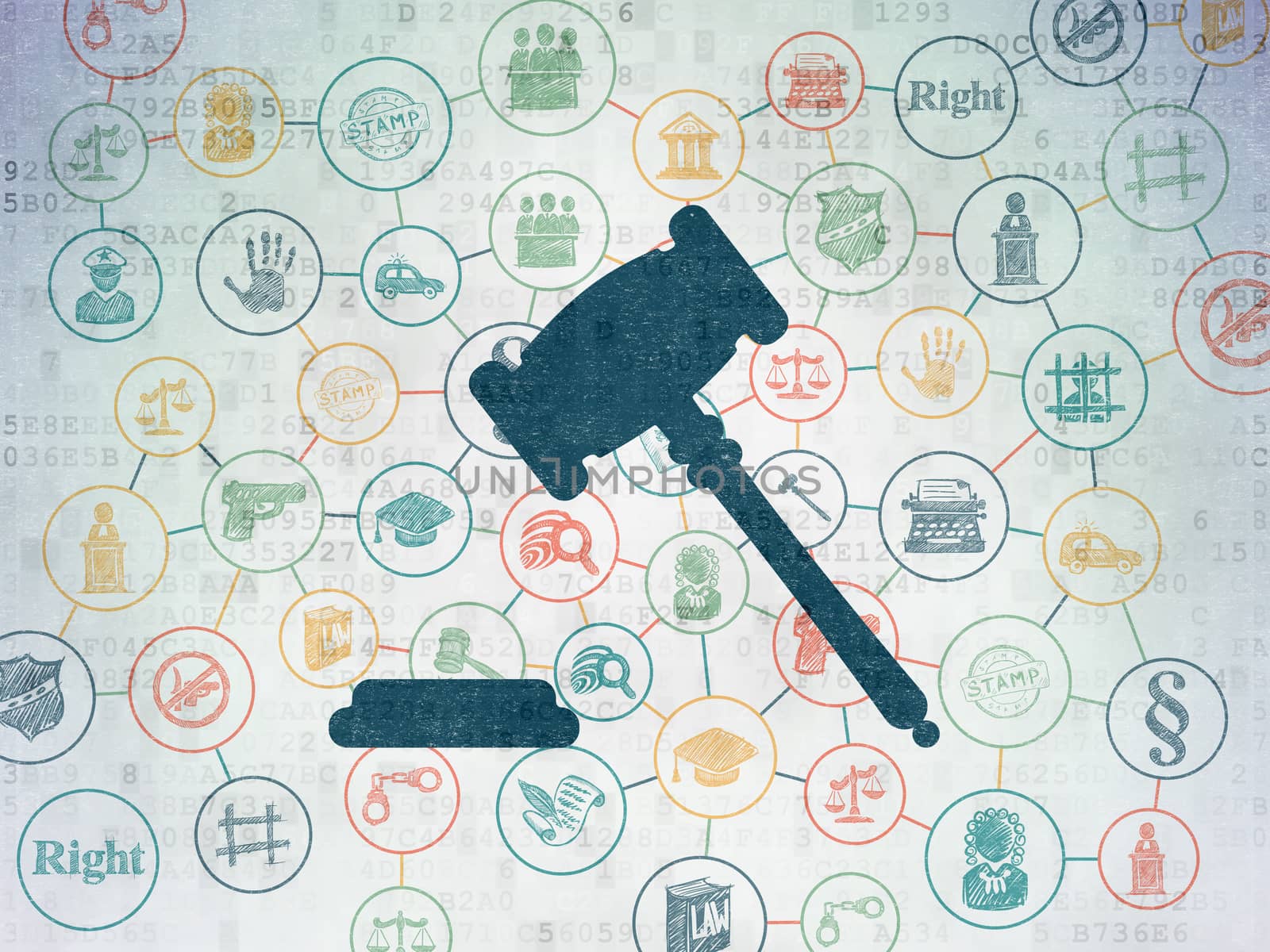 Law concept: Painted blue Gavel icon on Digital Paper background with Scheme Of Hand Drawn Law Icons