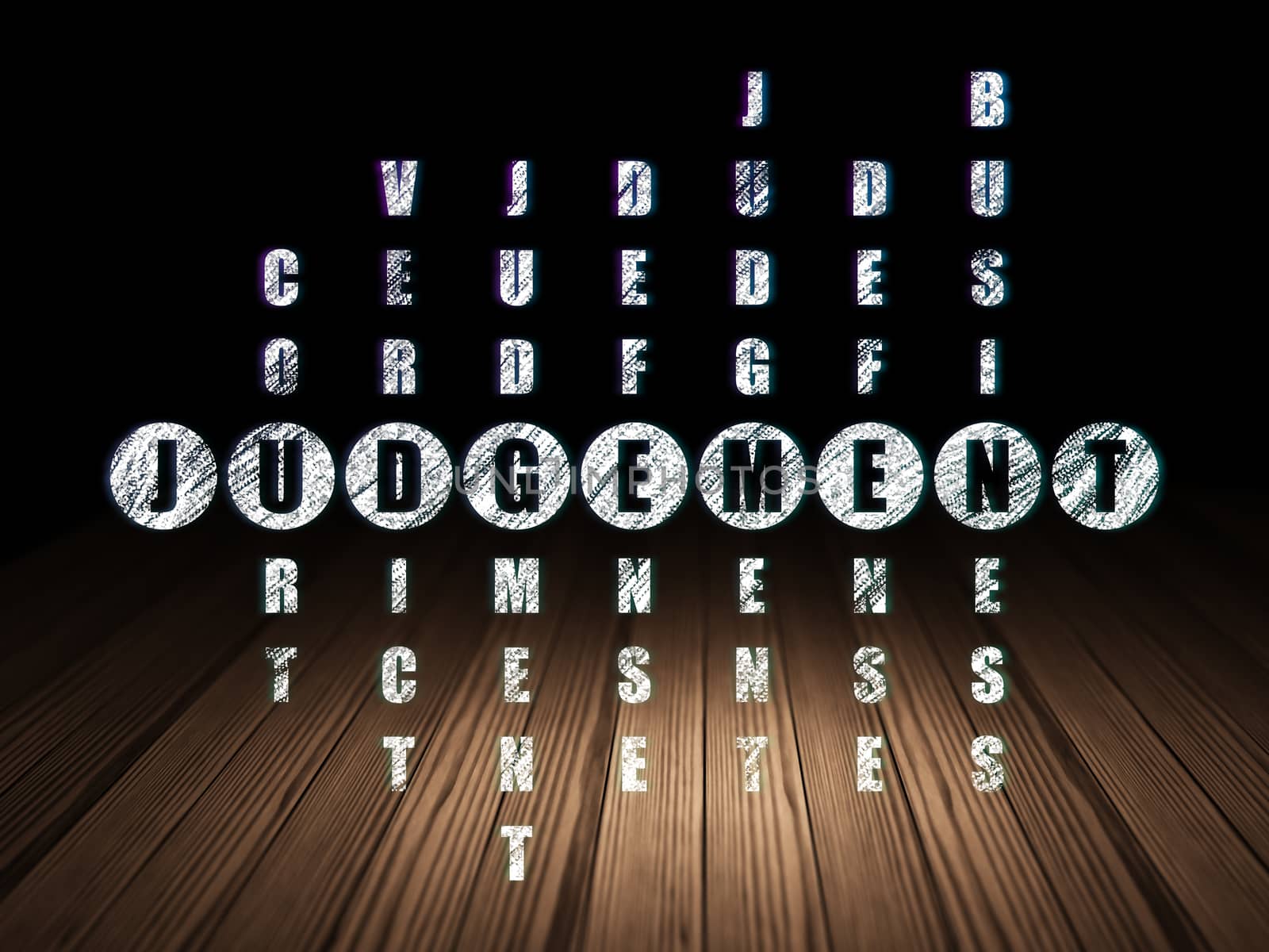 Law concept: Glowing word Judgement in solving Crossword Puzzle in grunge dark room with Wooden Floor, black background
