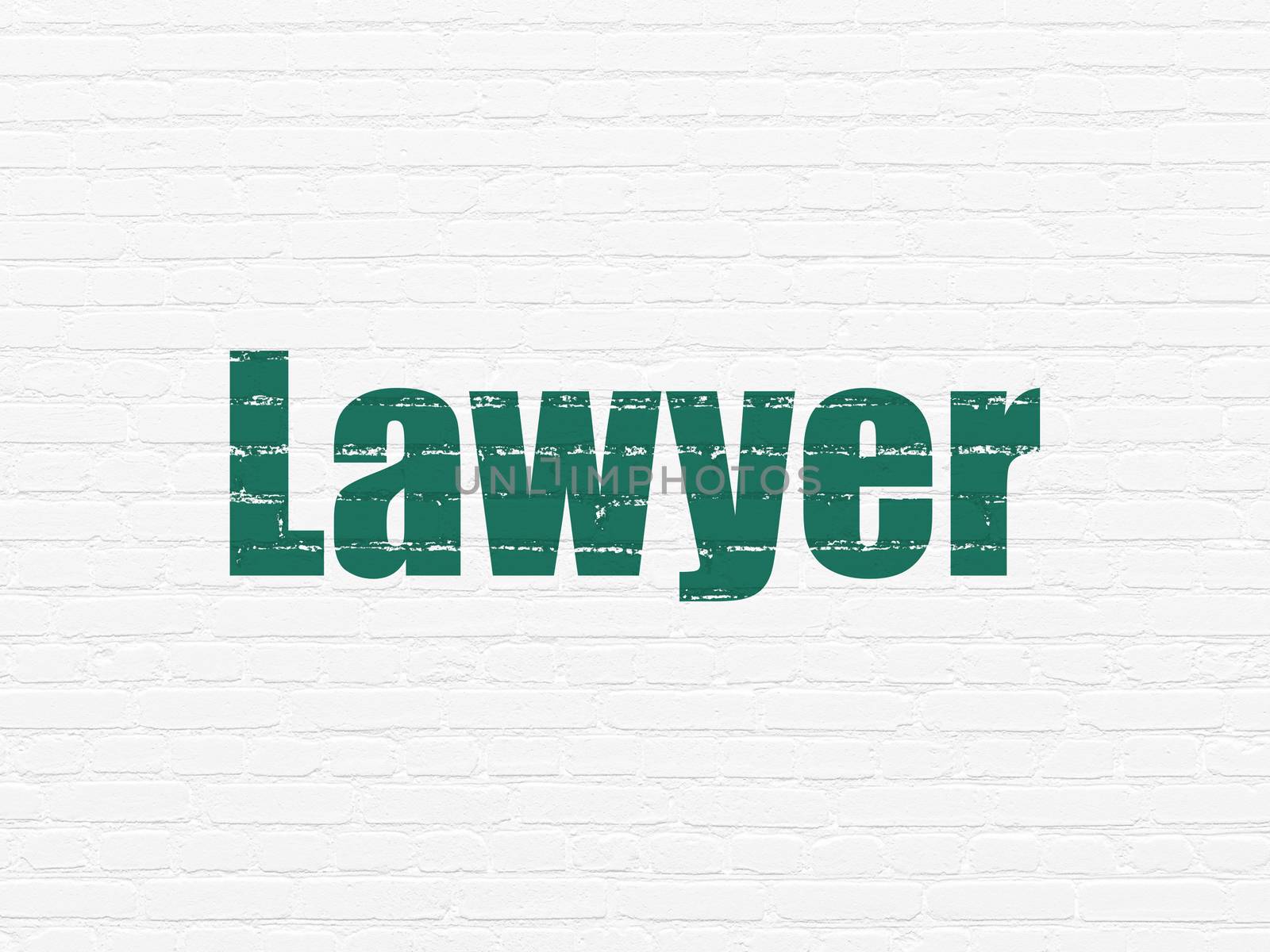 Law concept: Painted green text Lawyer on White Brick wall background