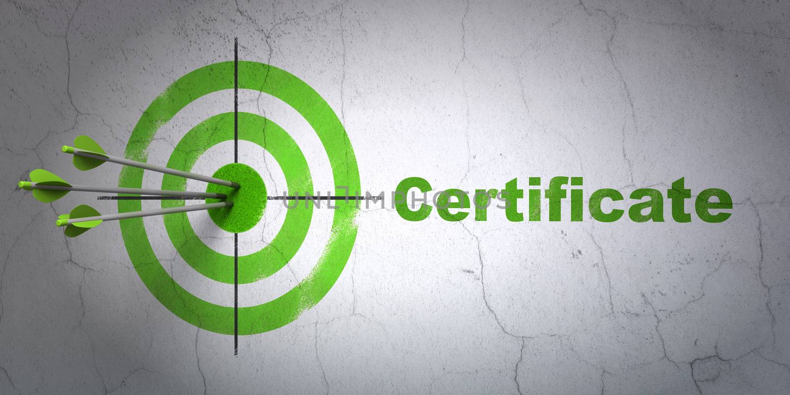 Success law concept: arrows hitting the center of target, Green Certificate on wall background