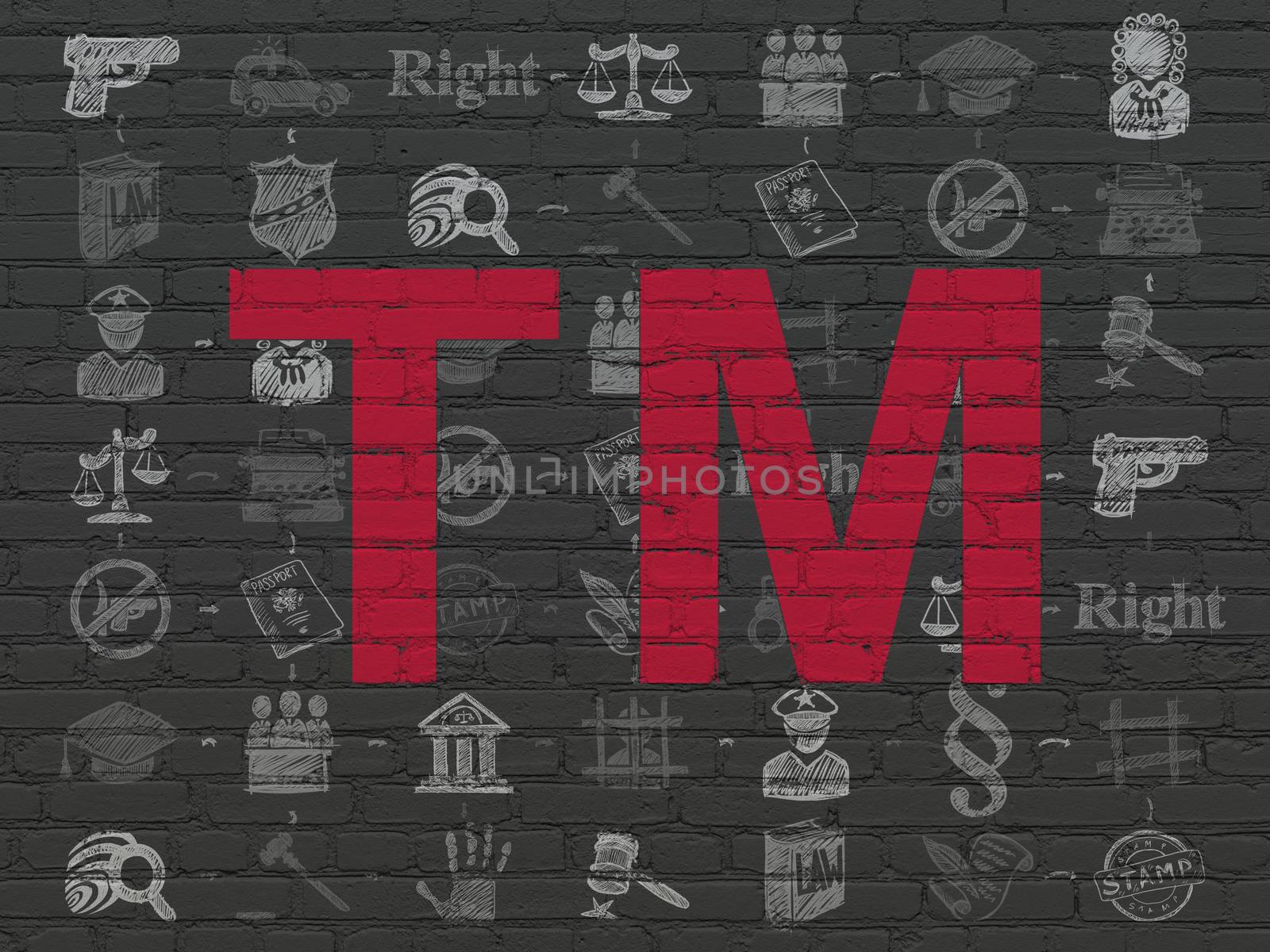 Law concept: Painted red Trademark icon on Black Brick wall background with Scheme Of Hand Drawn Law Icons