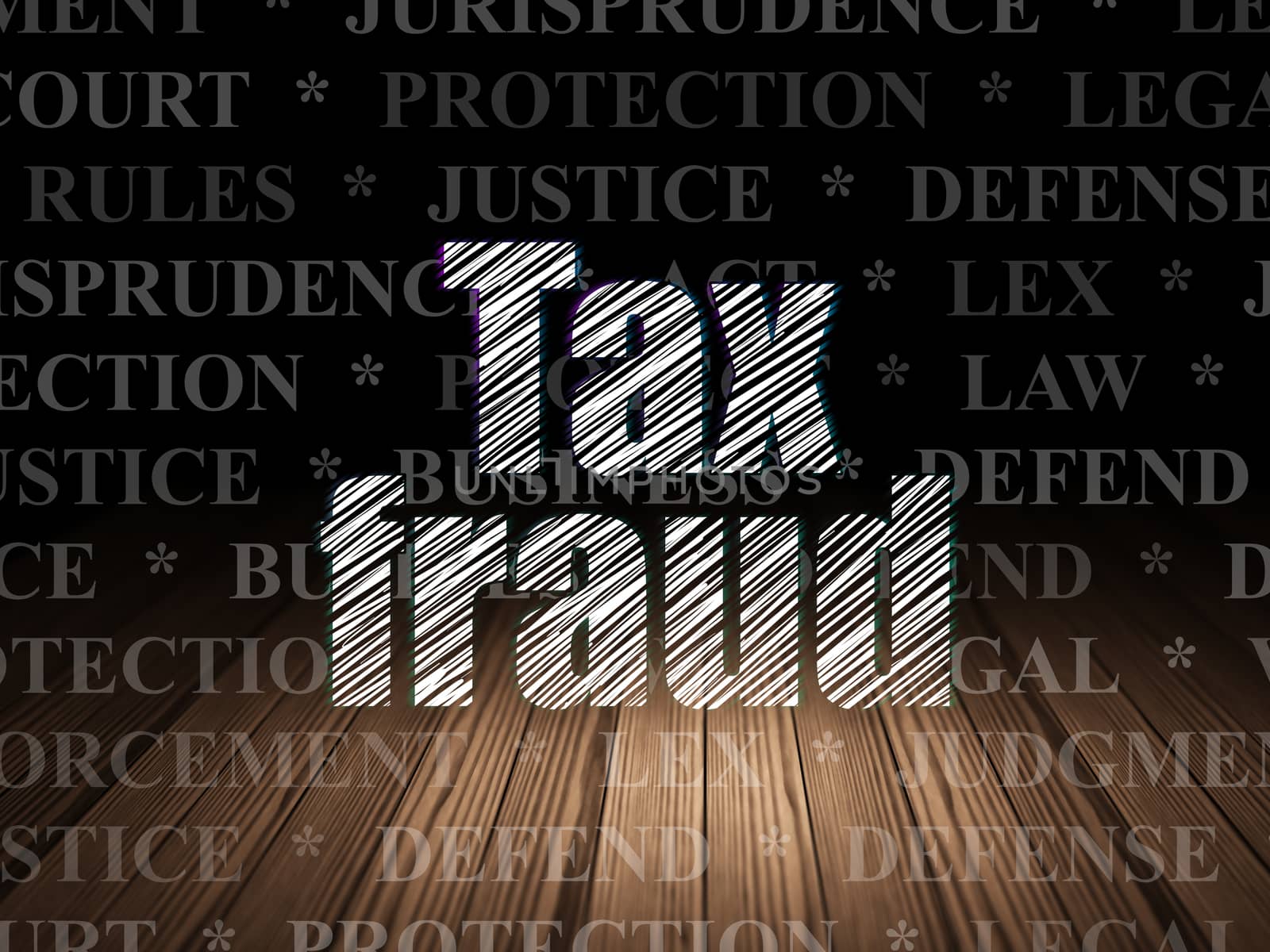 Law concept: Glowing text Tax Fraud in grunge dark room with Wooden Floor, black background with  Tag Cloud