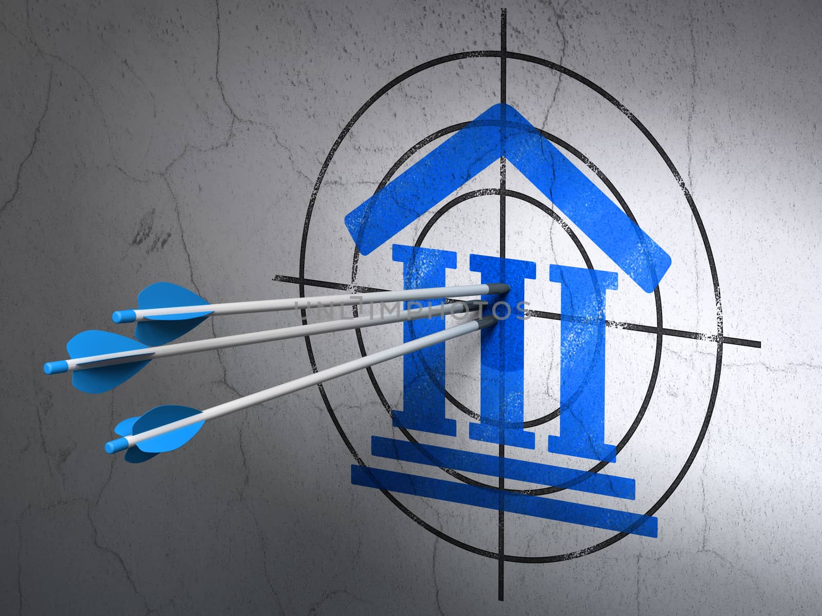 Success law concept: arrows hitting the center of Blue Courthouse target on wall background