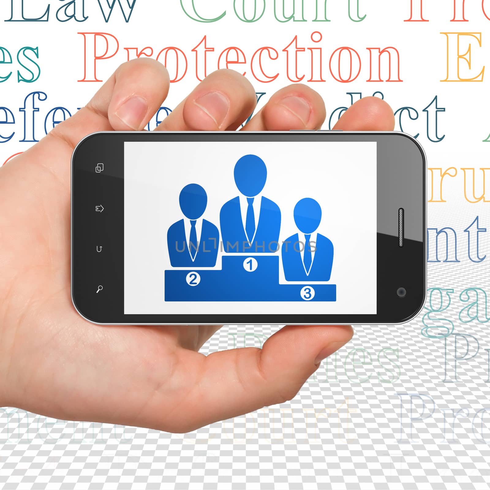 Law concept: Hand Holding Smartphone with  blue Business Team icon on display,  Tag Cloud background