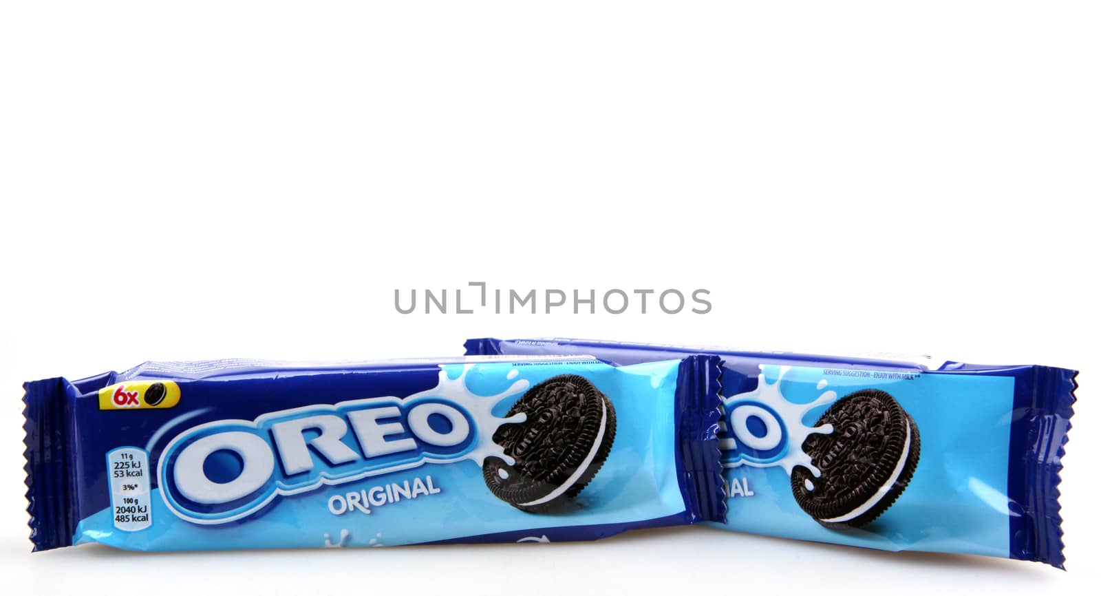 AYTOS, BULGARIA - OCTOBER 04, 2015: Oreo isolated on white background. Oreo is a sandwich cookie consisting of two chocolate disks with a sweet cream filling in between.