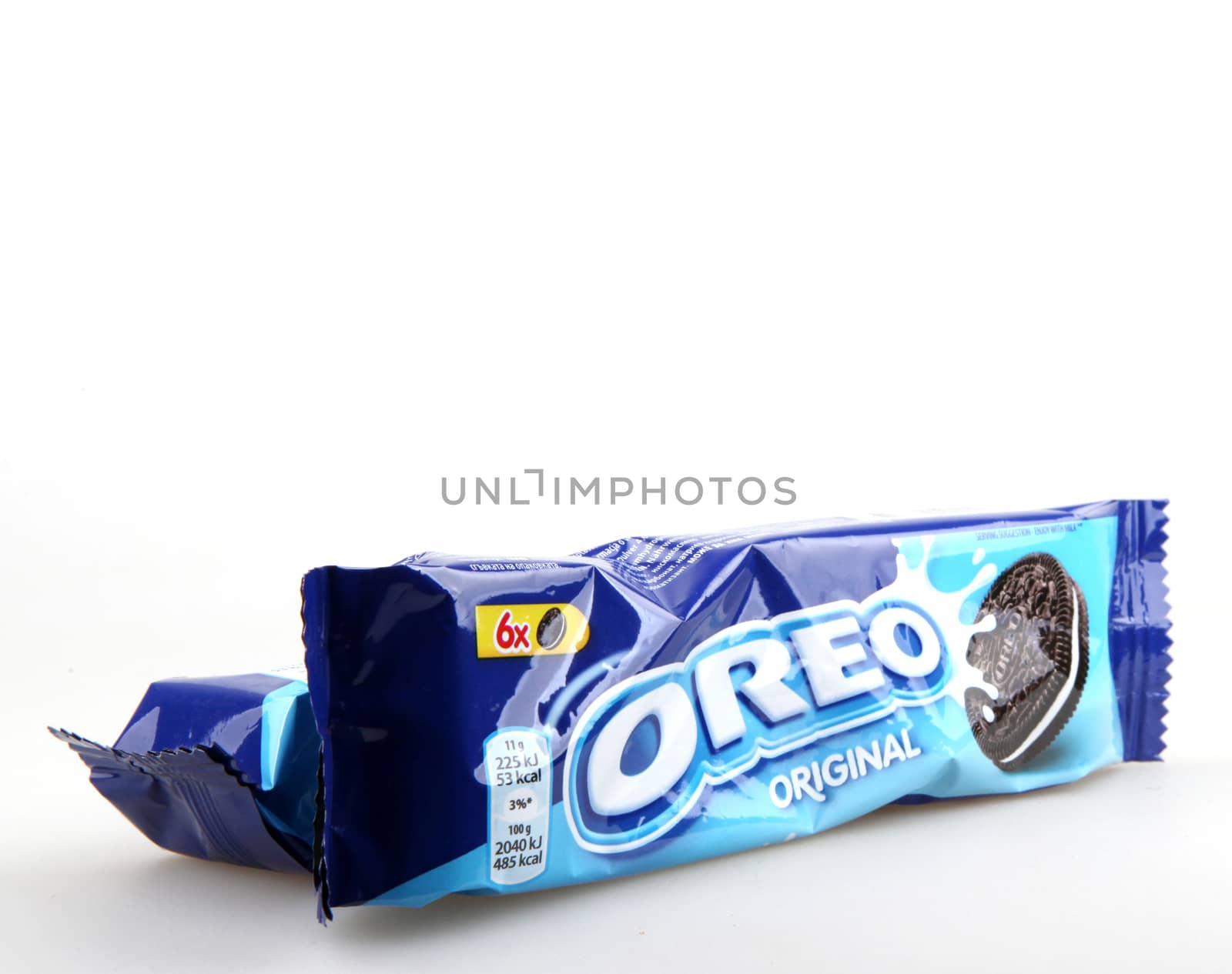 AYTOS, BULGARIA - OCTOBER 04, 2015: Oreo isolated on white background. Oreo is a sandwich cookie consisting of two chocolate disks with a sweet cream filling in between. by nenov