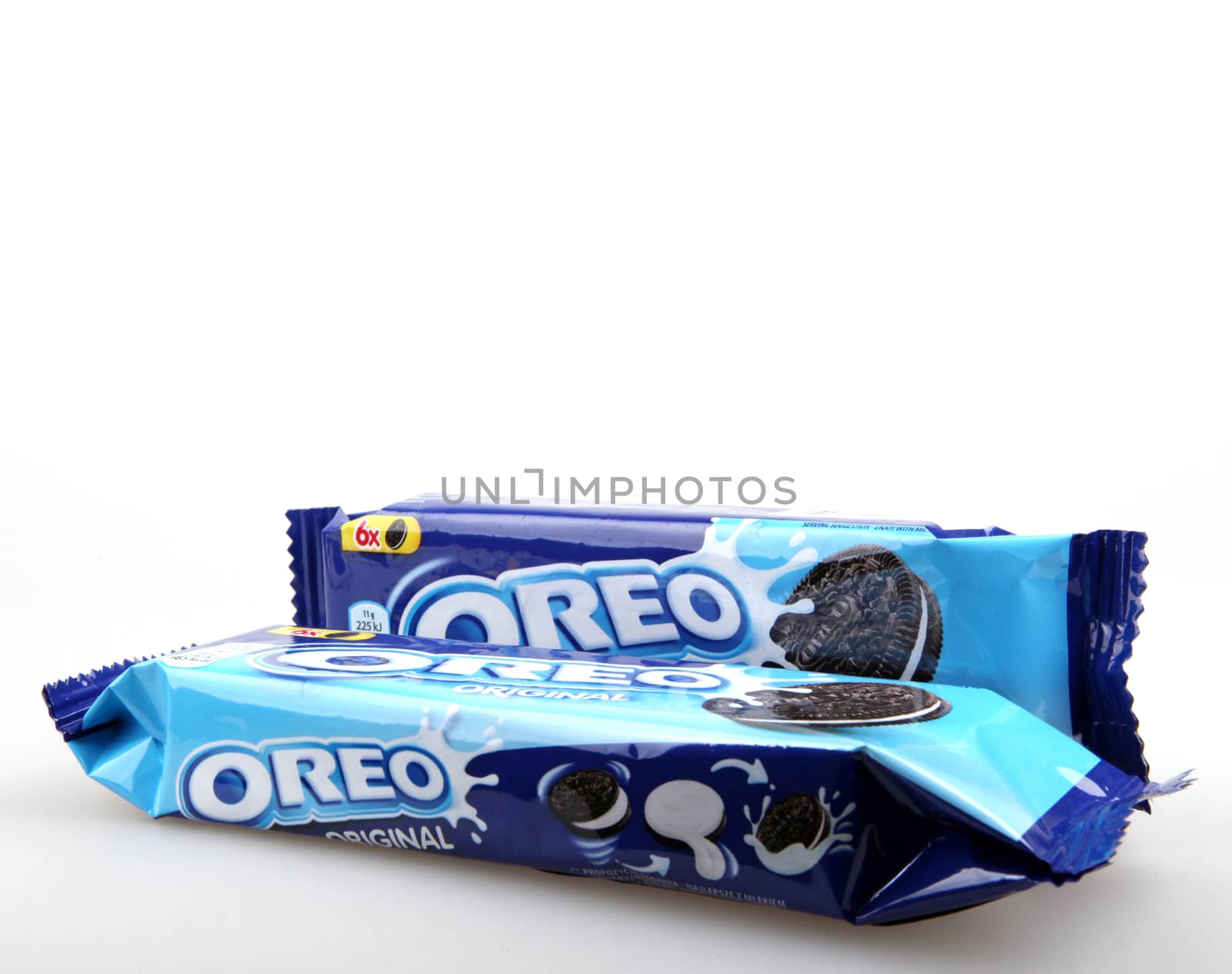 AYTOS, BULGARIA - OCTOBER 04, 2015: Oreo isolated on white background. Oreo is a sandwich cookie consisting of two chocolate disks with a sweet cream filling in between. by nenov