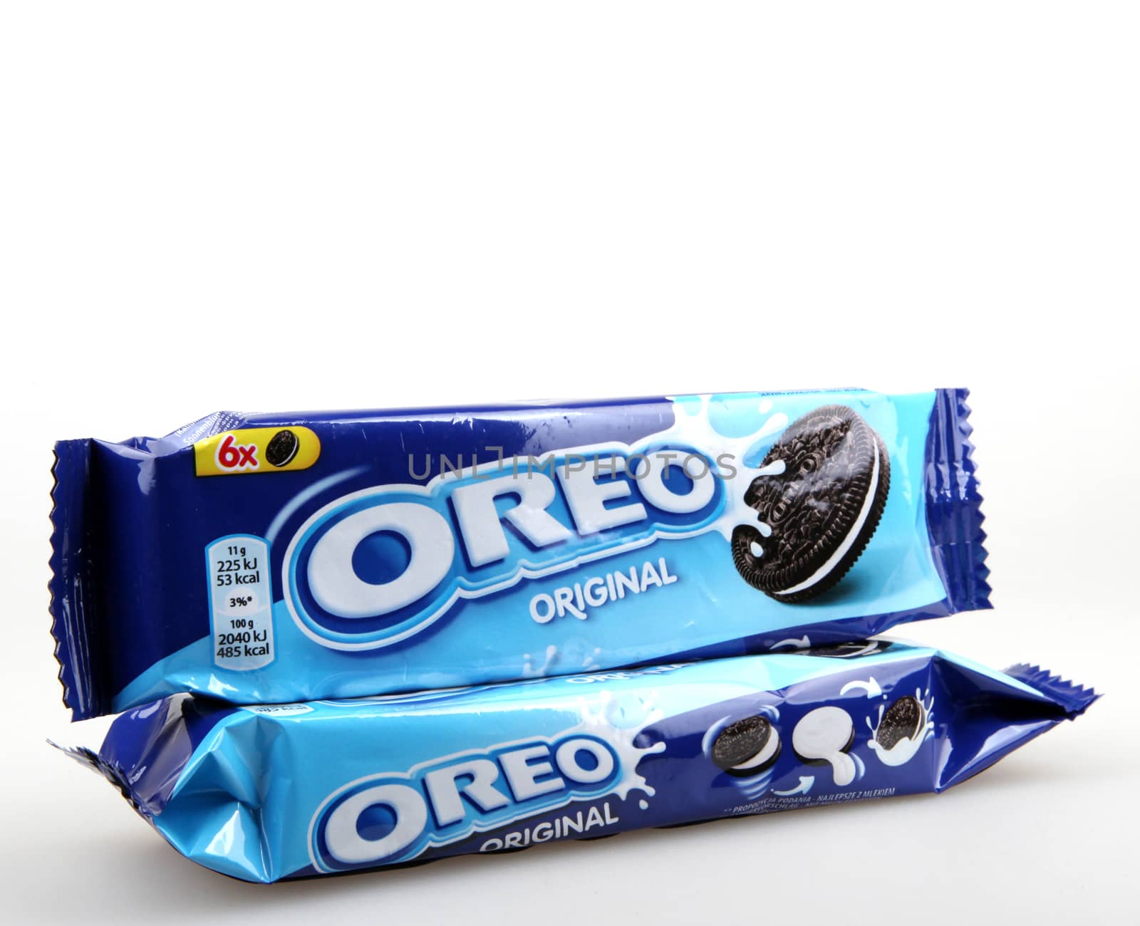 AYTOS, BULGARIA - OCTOBER 04, 2015: Oreo isolated on white background. Oreo is a sandwich cookie consisting of two chocolate disks with a sweet cream filling in between. by nenov