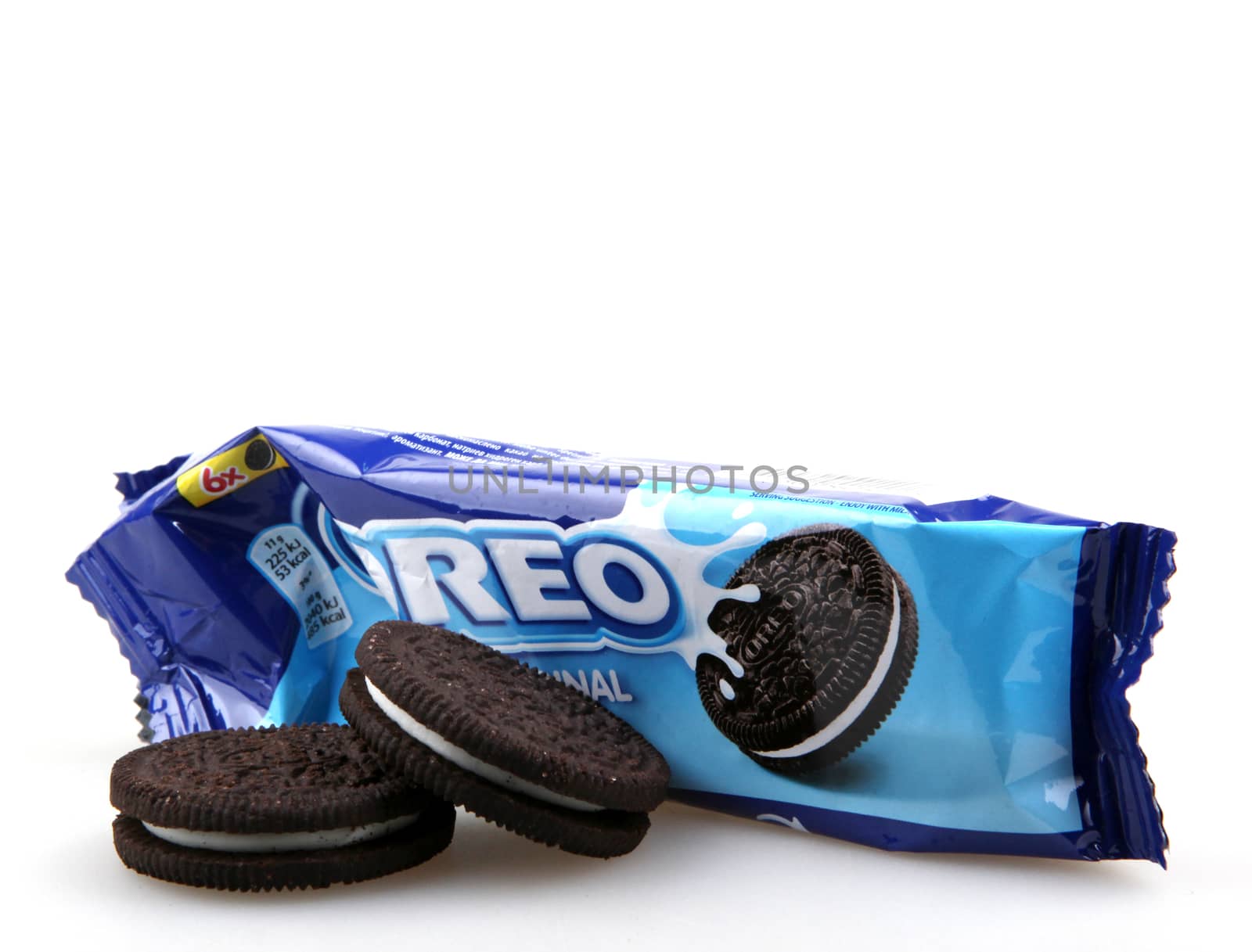 AYTOS, BULGARIA - OCTOBER 04, 2015: Oreo isolated on white background. Oreo is a sandwich cookie consisting of two chocolate disks with a sweet cream filling in between.