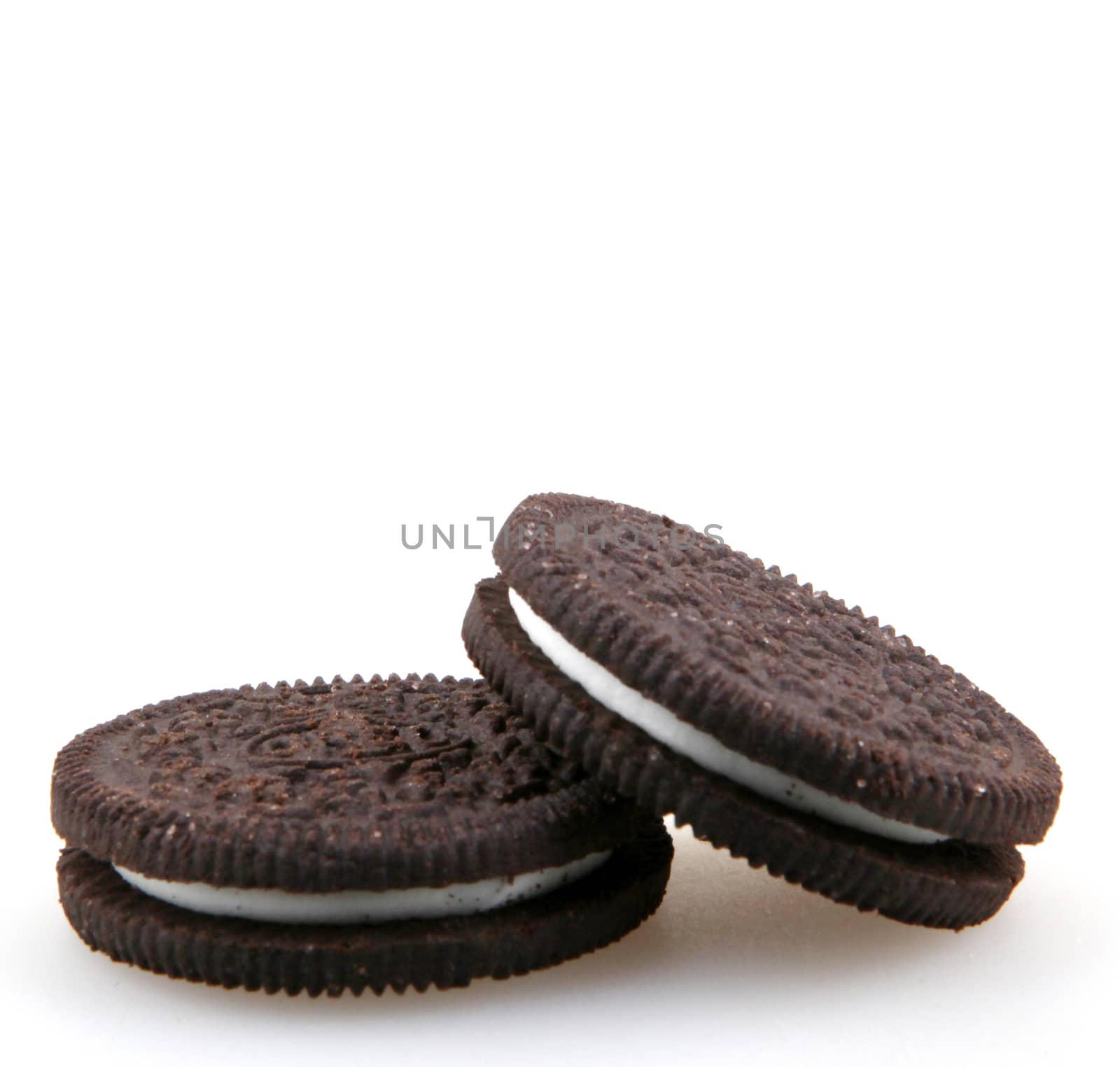 AYTOS, BULGARIA - OCTOBER 04, 2015: Oreo isolated on white background. Oreo is a sandwich cookie consisting of two chocolate disks with a sweet cream filling in between.