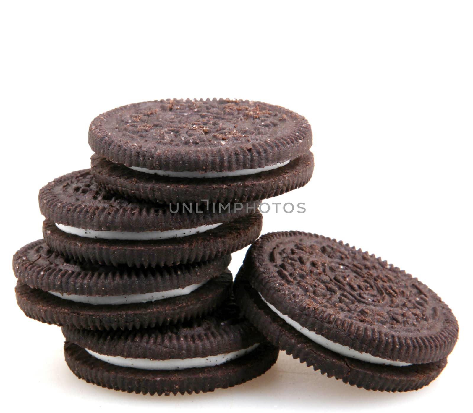 AYTOS, BULGARIA - OCTOBER 04, 2015: Oreo isolated on white background. Oreo is a sandwich cookie consisting of two chocolate disks with a sweet cream filling in between. by nenov