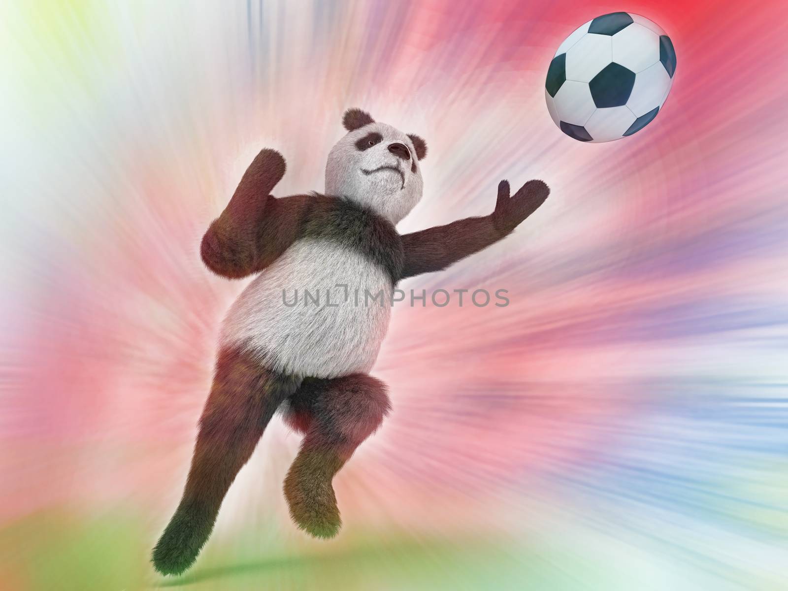 wild panda goalie in the rapid jump trying to catch a soccer ball on a colorful watercolor background blurred. upright character Bear goalkeeper catches pitch.