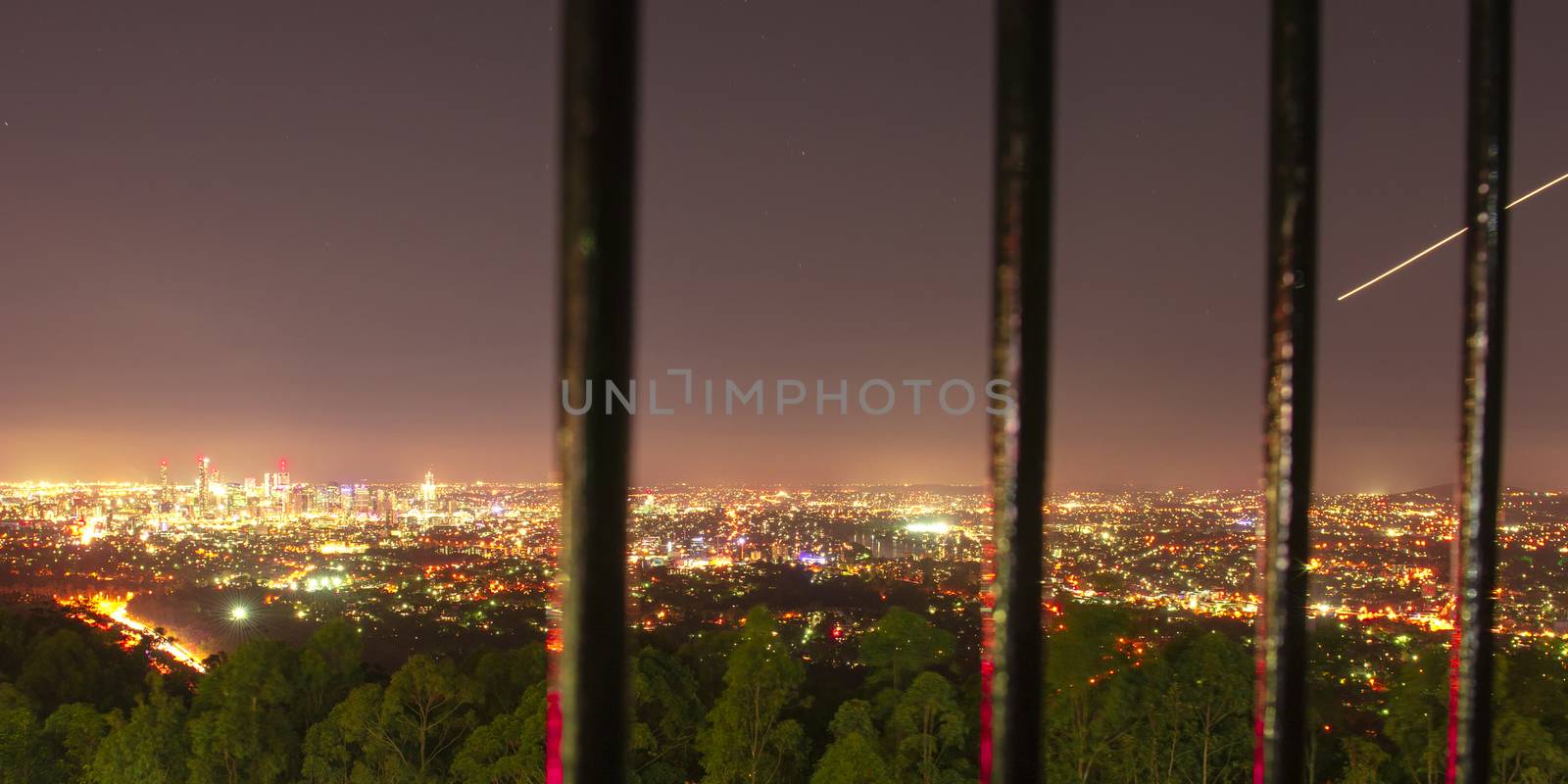 View of Brisbane City from Mount Coot-tha at night. Queensland, Australia.