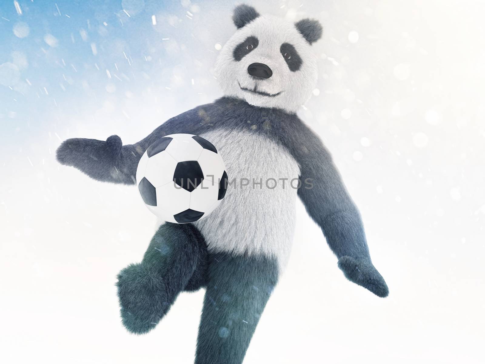 character is covered in fur on a blue background with bokeh effect and chasing the ball. Panda footballer conducts training on snow background by xtate