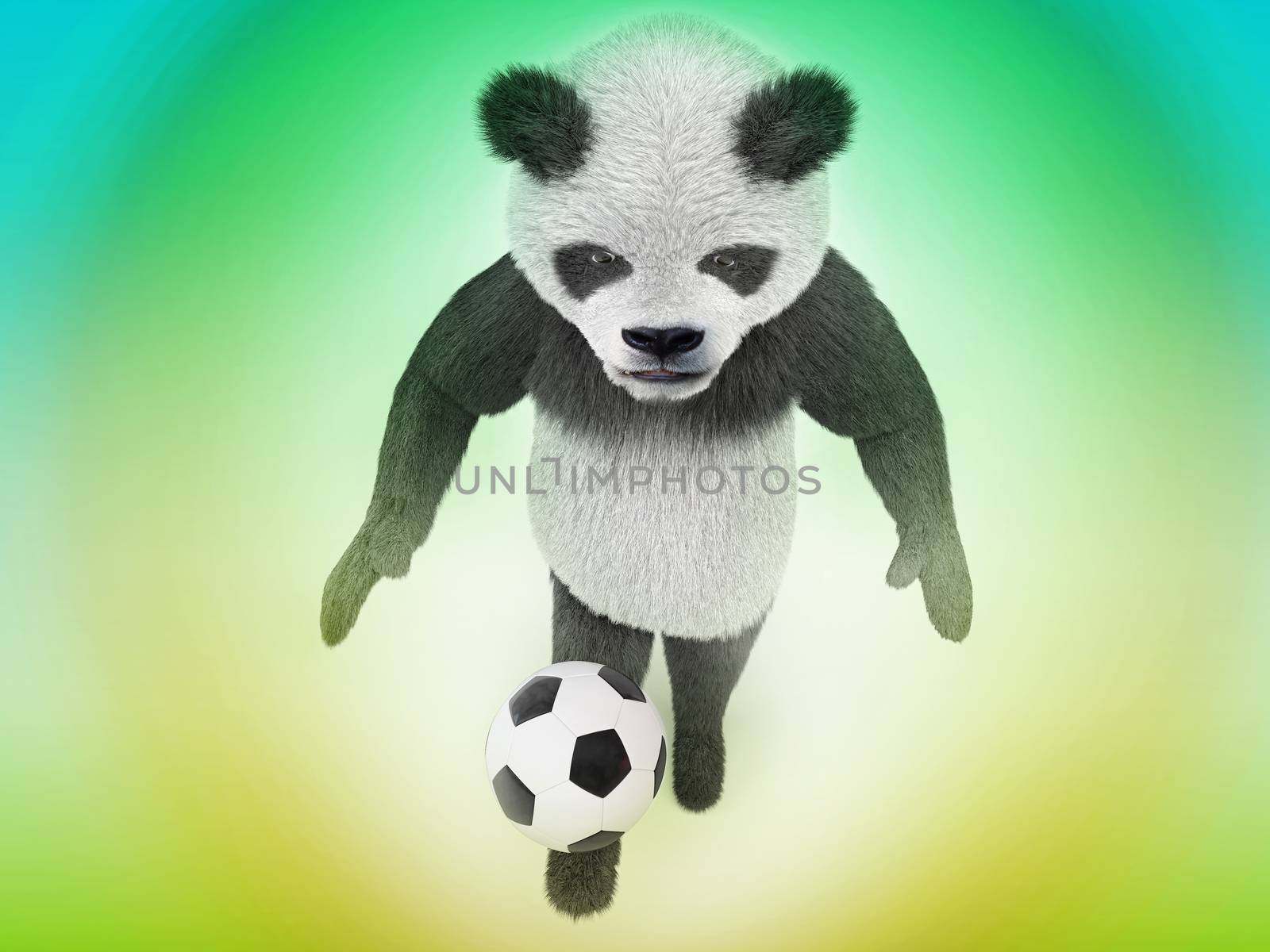 wonderful animal soccer player chasing a ball on the green and yellow gradient background top view. cute character to play sports and football by xtate