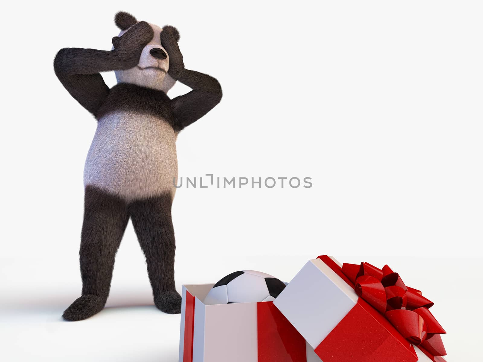 joyful cute protagonist character giant panda bamboo stands behind semi-open box with a gift inside of which is new soccer ball. surprise birthday man closes his eyes paws by xtate
