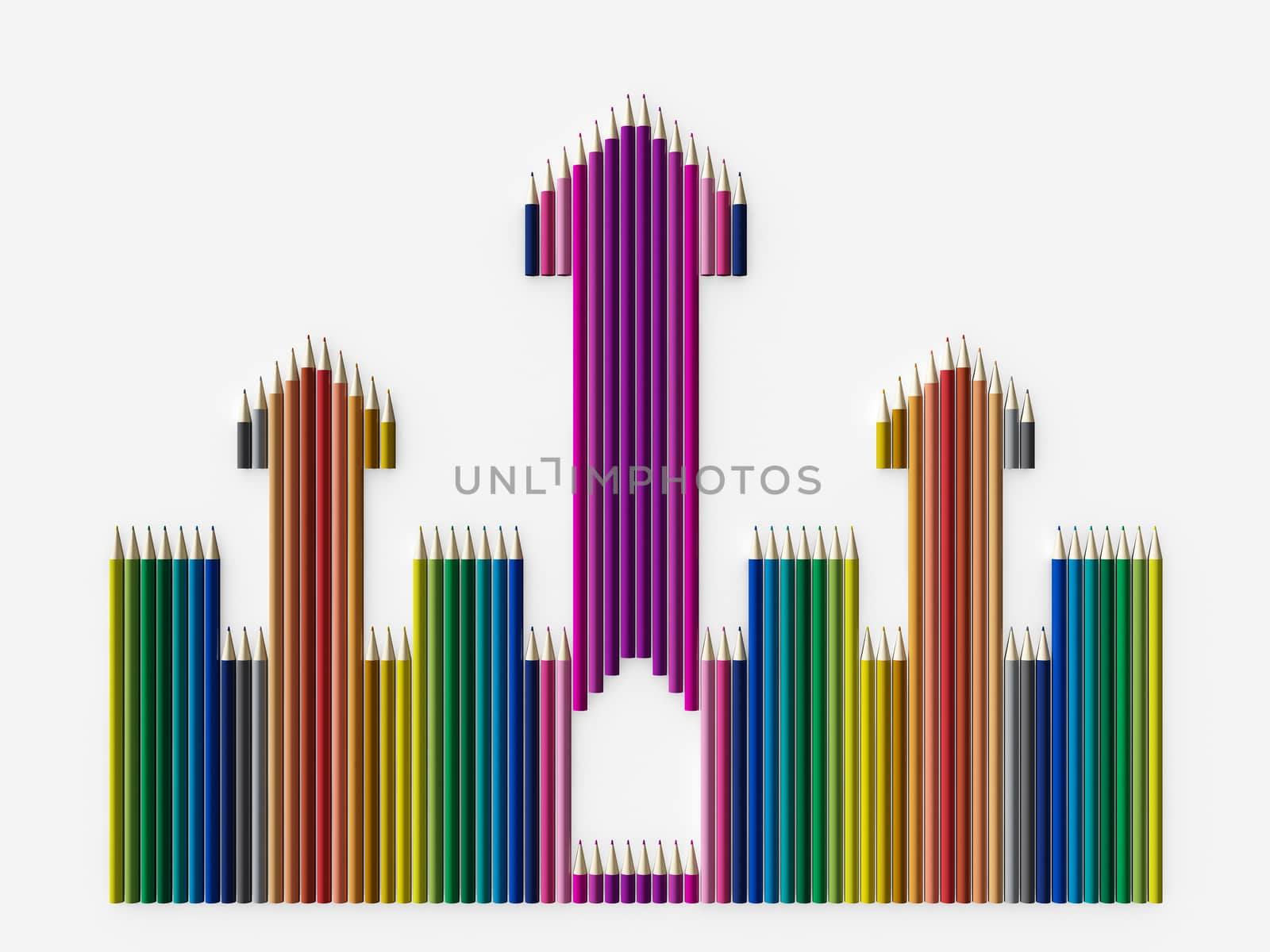 Colored pencils arranged in a castle, on white background, art object