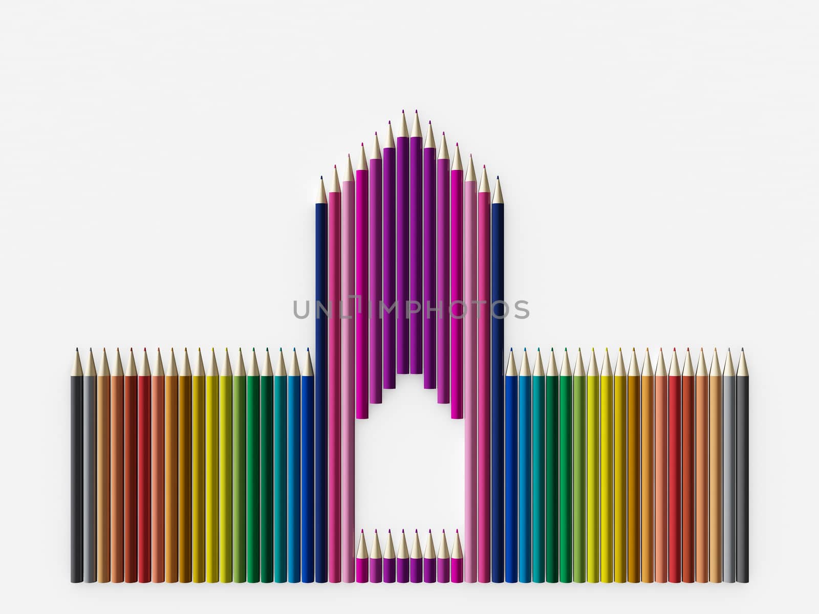 Colored pencils arranged in a castle, on white background, art object