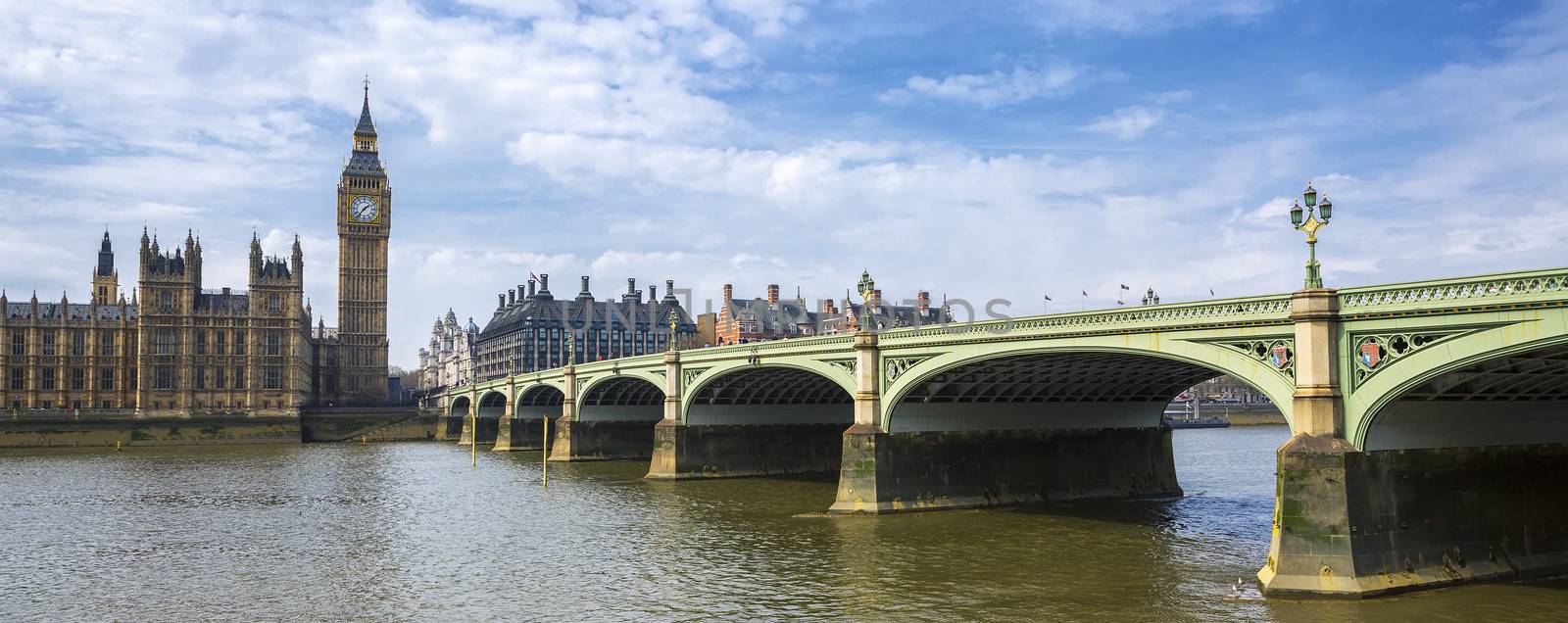 Panoramic view of Big Ben and bridge, London, UK