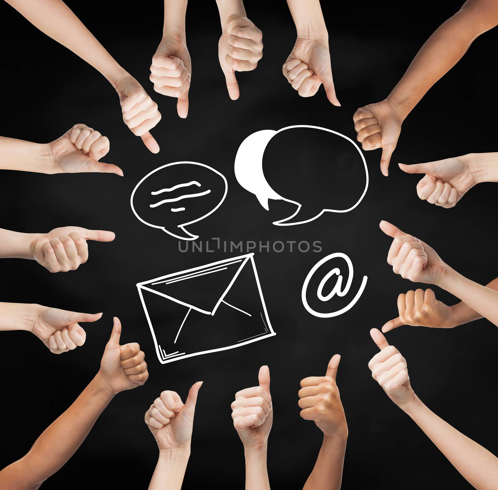 gesture, people, online communication and internet concept - human hands showing thumbs up in circle over black board background with e-mail symbols
