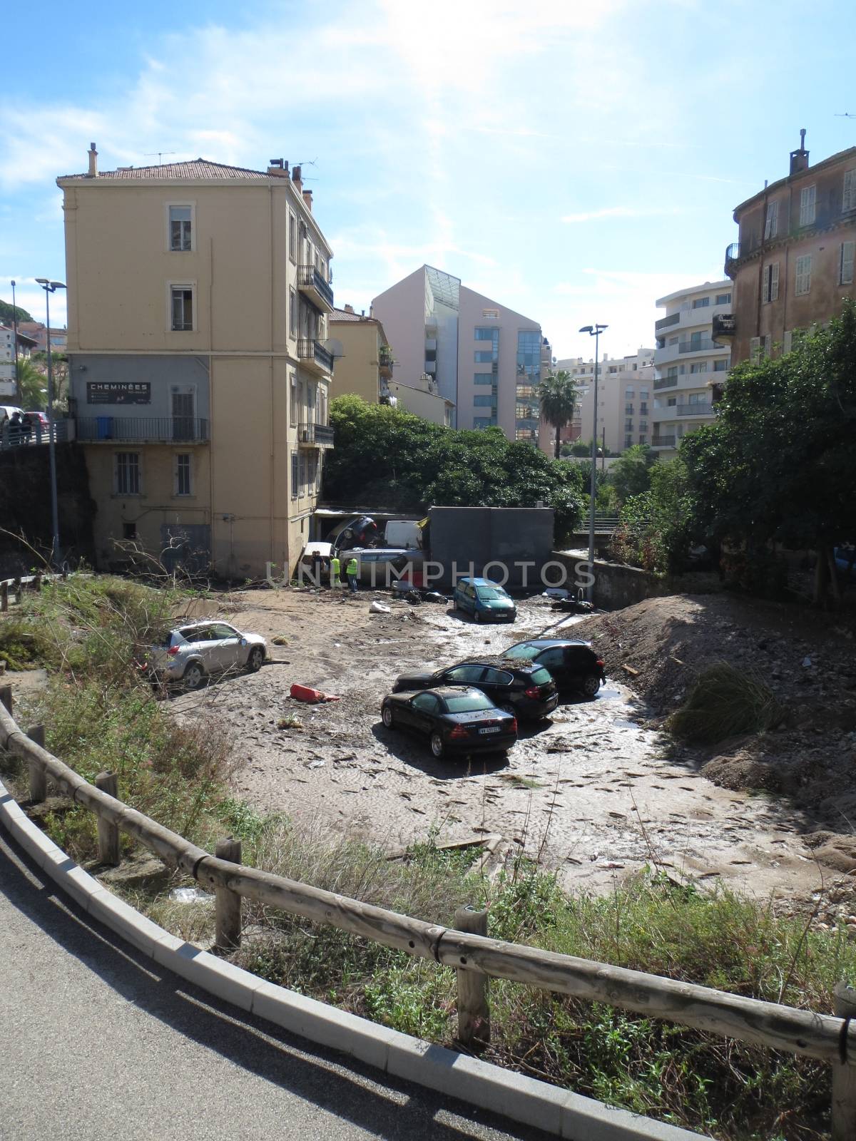 FRANCE, Cannes : Some cars piled up in a street in Cannes, southern France, on October 4th, 2015 after fatal flooding. Deluge due to violent storms in the region of Alpes-Maritimes happened in the night between October 3rd and 4th, 2015, and caused the death of at least 17 people. 
