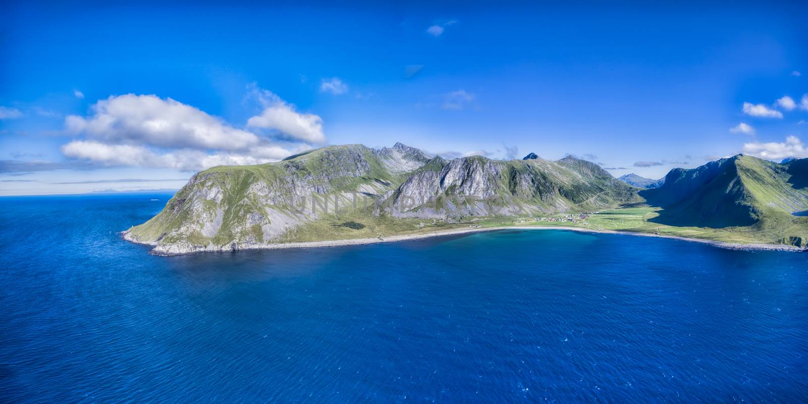 Scenic aerial panorama of Lofoten islands in Norway, with village Unstad