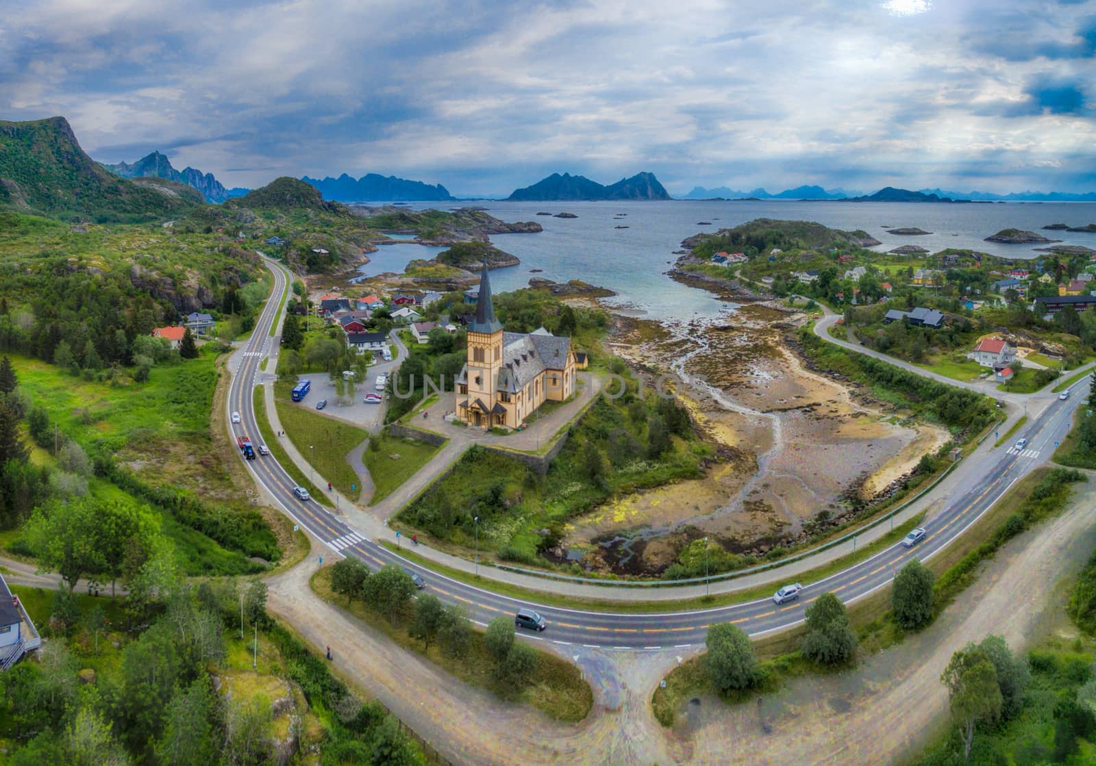 Vagan church also known as Lofoten cathedral seen from air