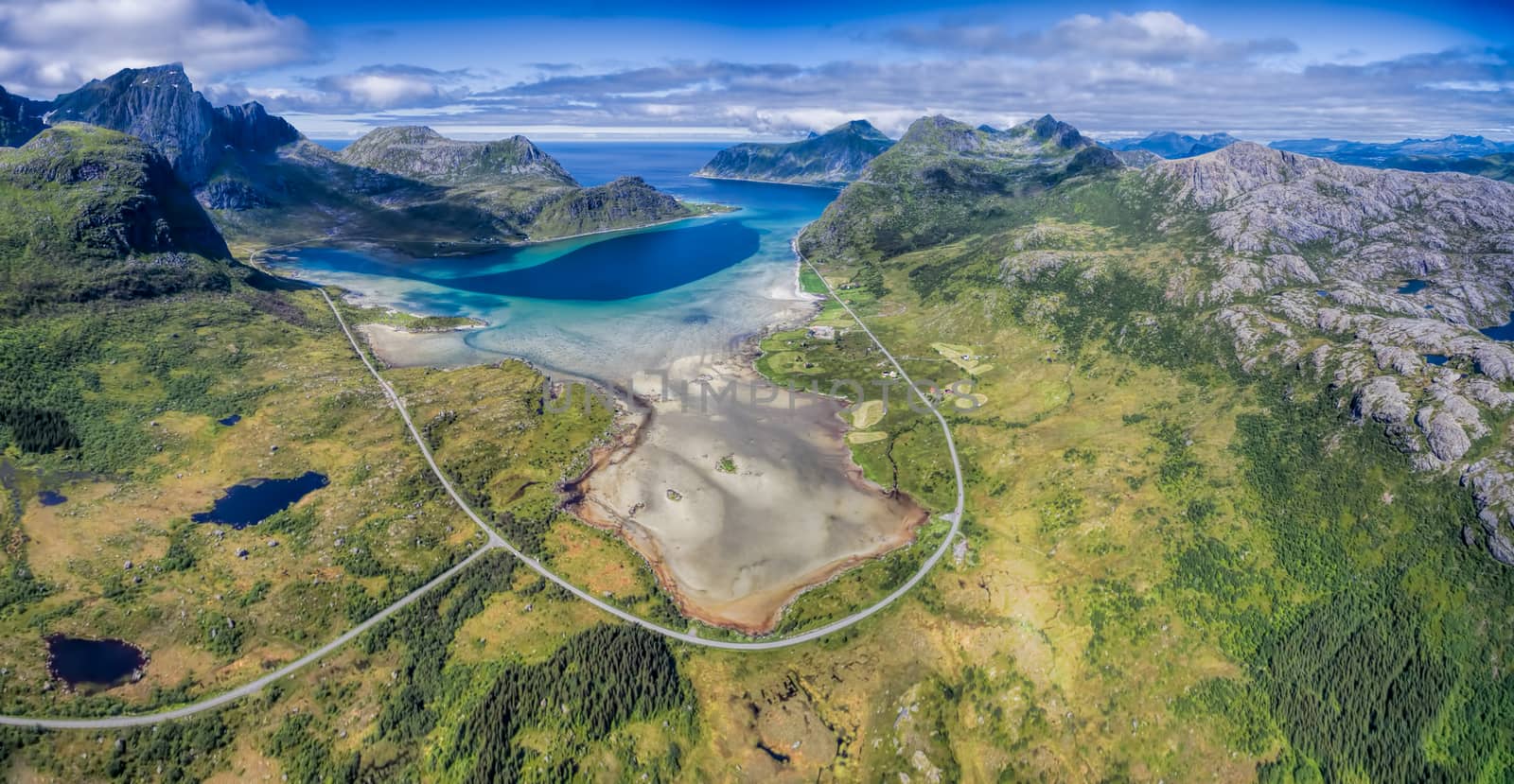 Aerial panorama of scenic road around fjord on Lofoten islands in Norway, one of the most beautiful roadtrips in the world