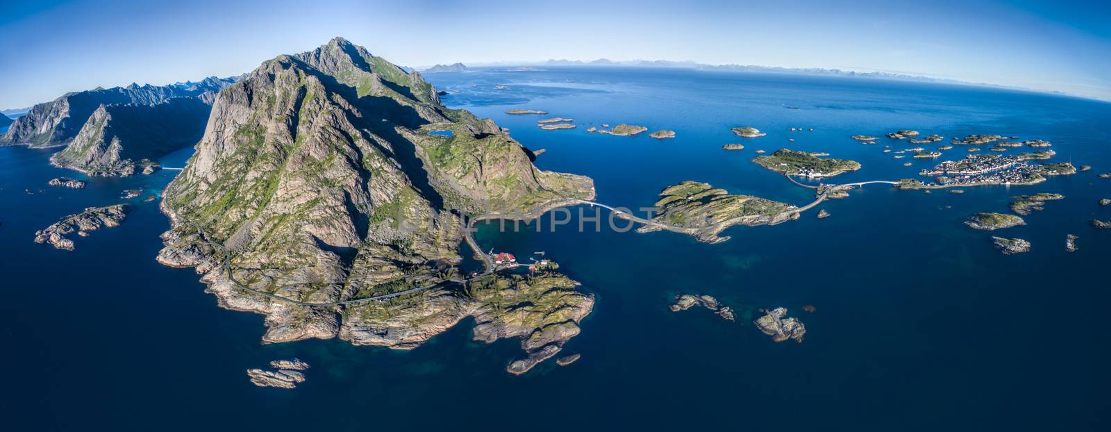Scenic aerial view of picturesque fishing town Henningsvaer on Lofoten islands, Norway