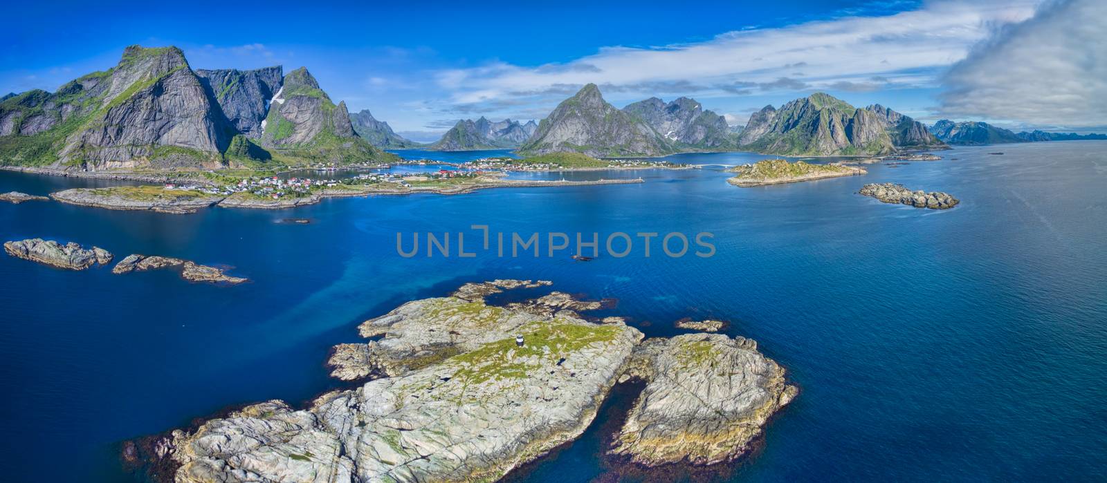 Scenic aerial panorama of Reine, popular tourist destination on Lofoten islands in arctic Norway