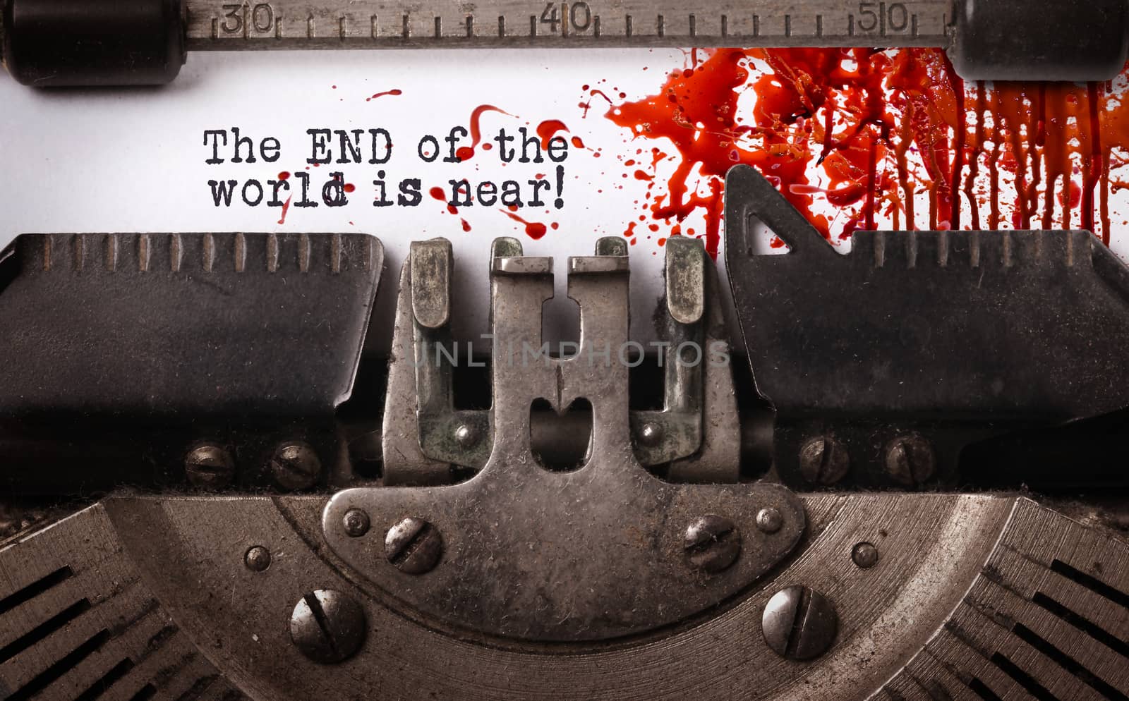 Bloody note - Vintage inscription made by old typewriter, TGhe end of the world is near