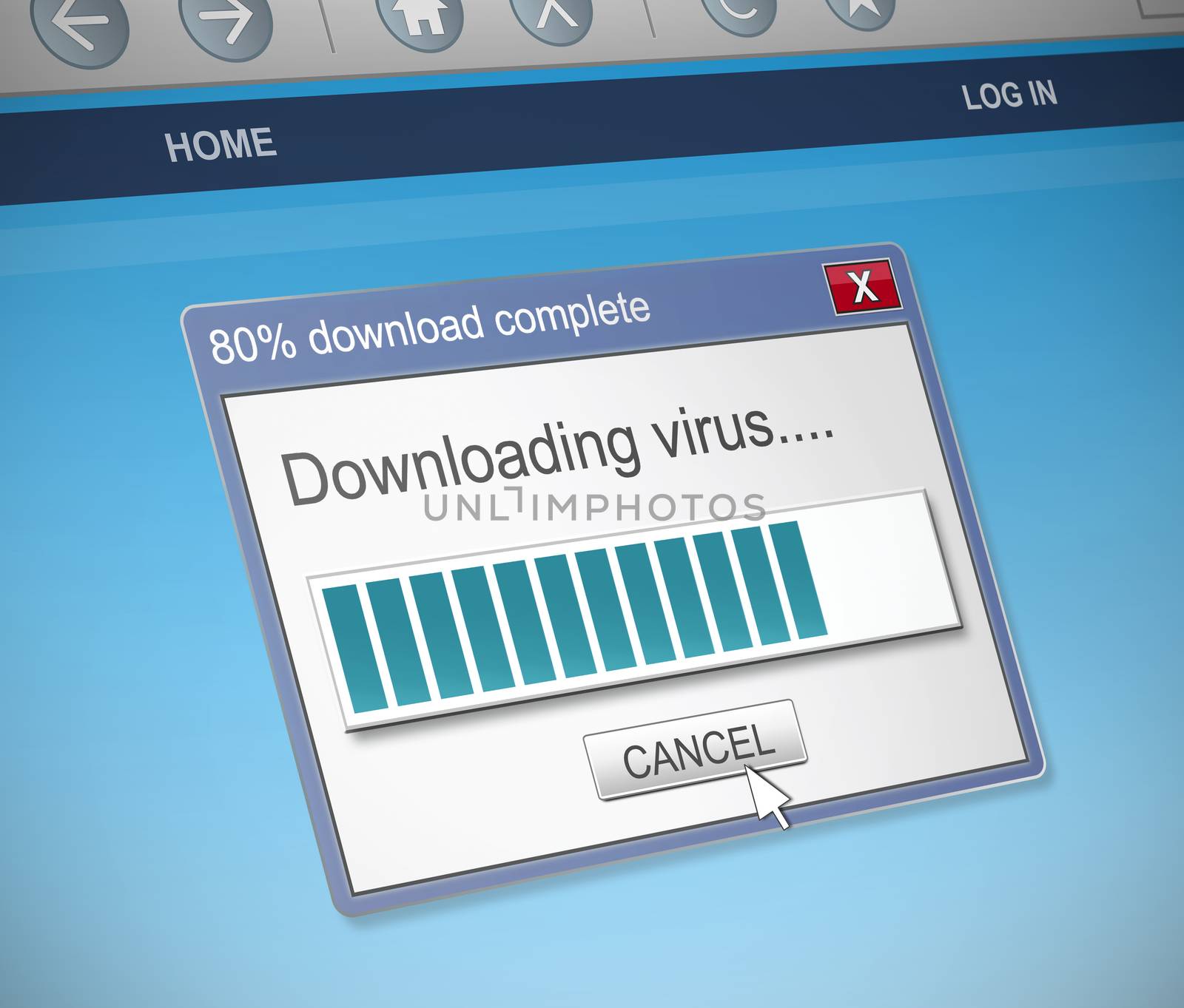 Illustration depicting a computer dialog box with a virus concept.