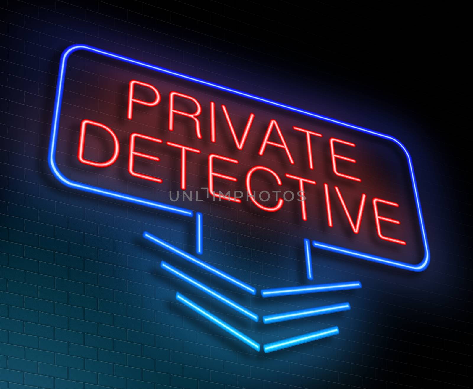 Illustration depicting an illuminated neon sign with a private detective concept.