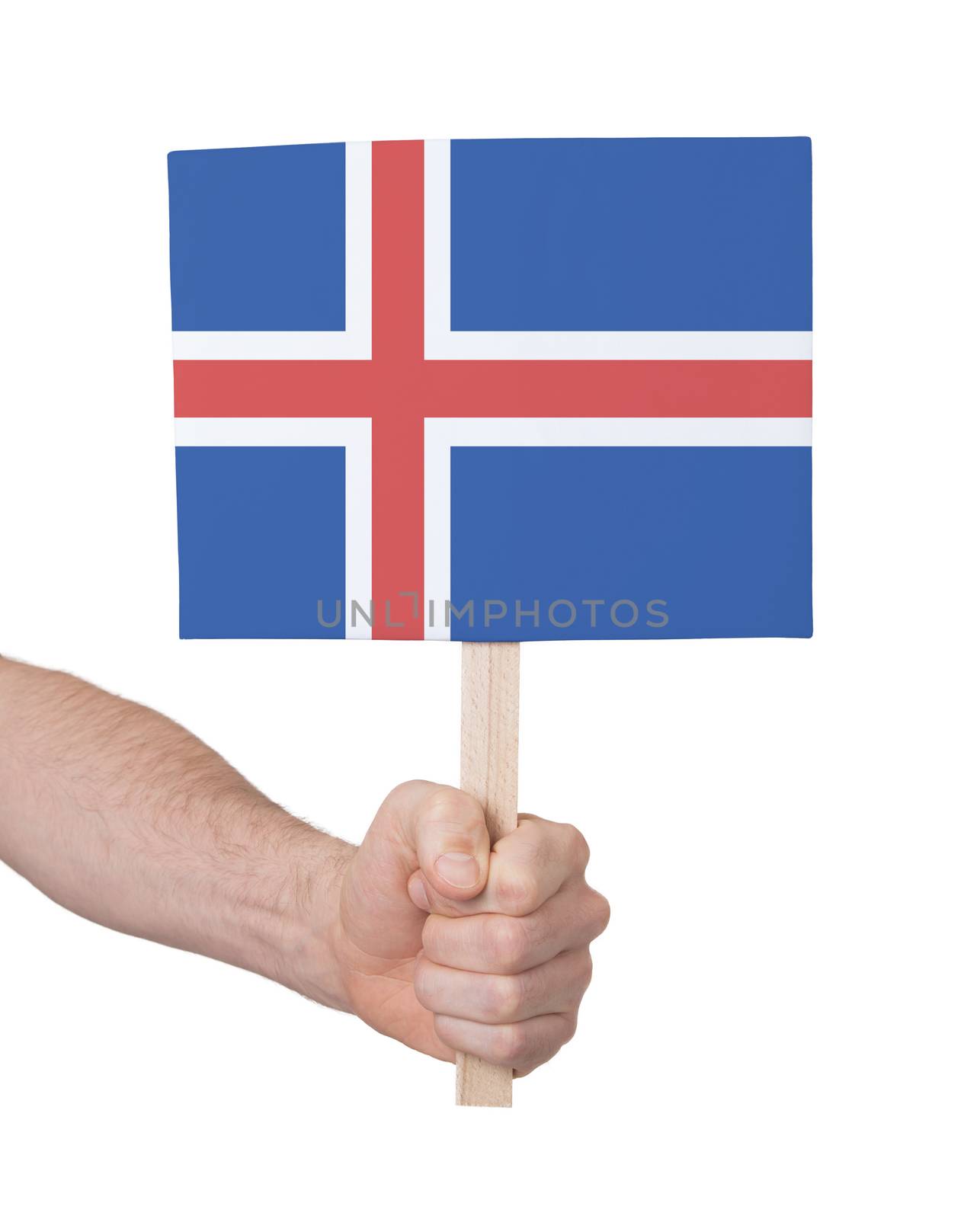 Hand holding small card, isolated on white - Flag of Iceland
