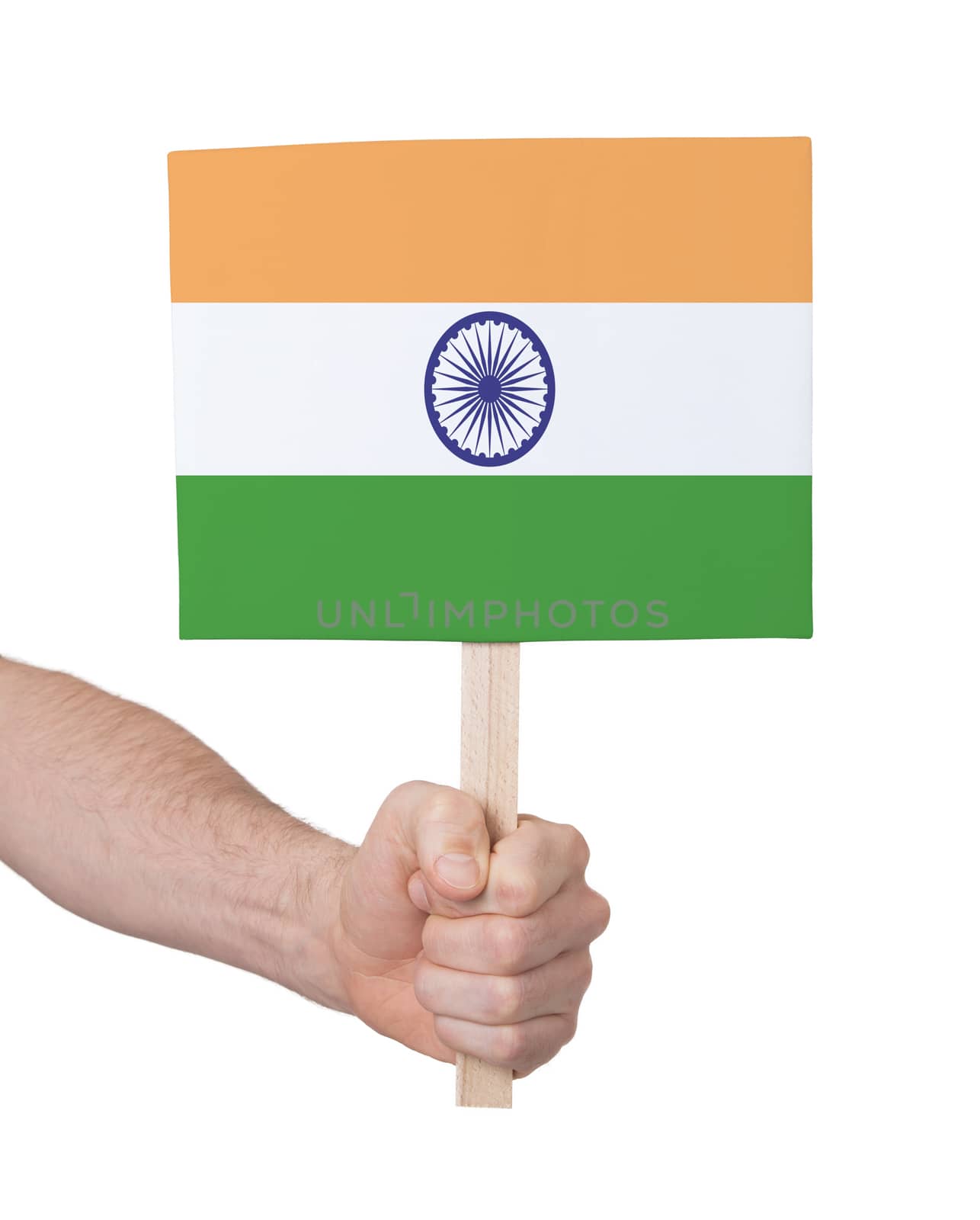 Hand holding small card, isolated on white - Flag of India