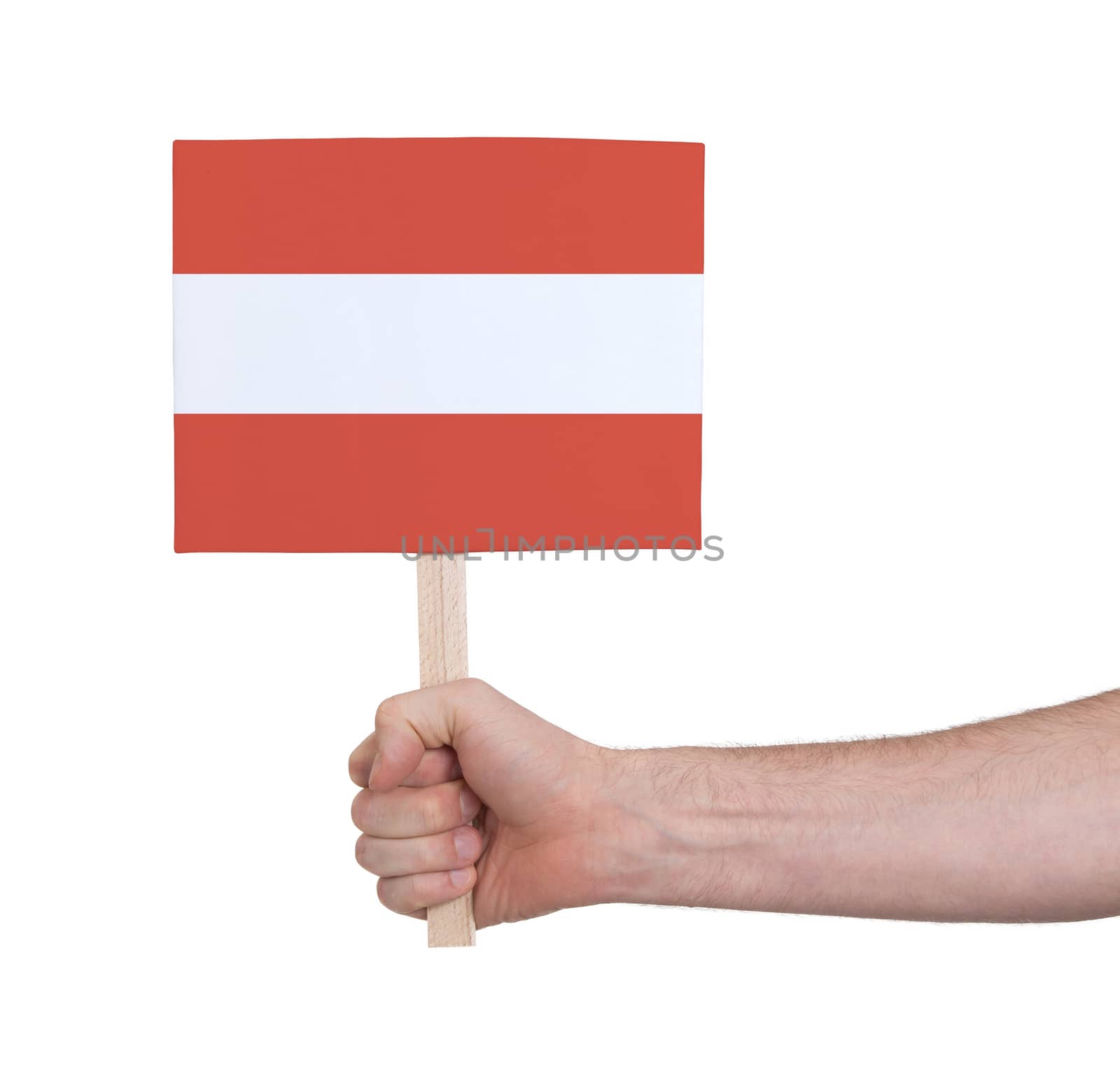 Hand holding small card, isolated on white - Flag of Austria