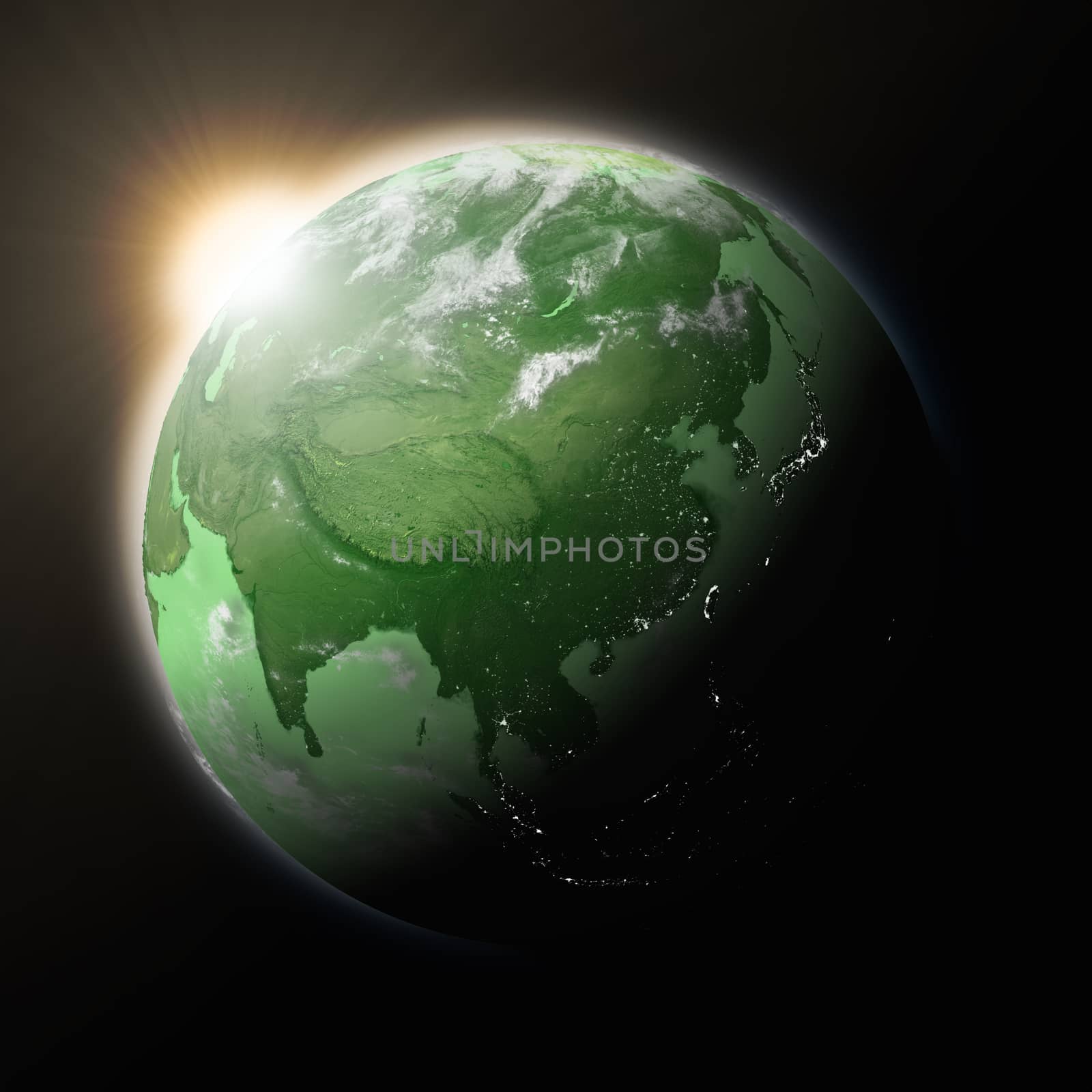 Sun over Southeast Asia on green planet Earth isolated on black background. Highly detailed planet surface. Elements of this image furnished by NASA.
