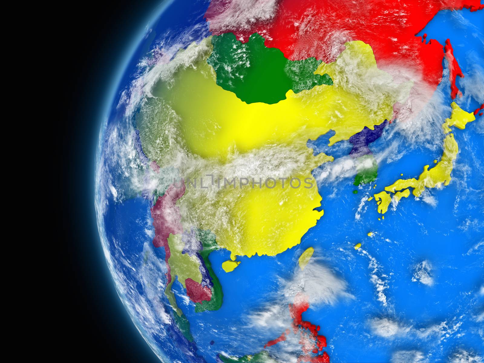 Illustration of east Asia region on political globe with atmospheric features and clouds