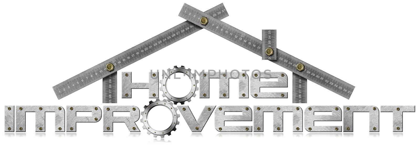 Metal symbol with text Home Improvement, metal gears and metal meter ruler in the shape of house. Isolated on white background