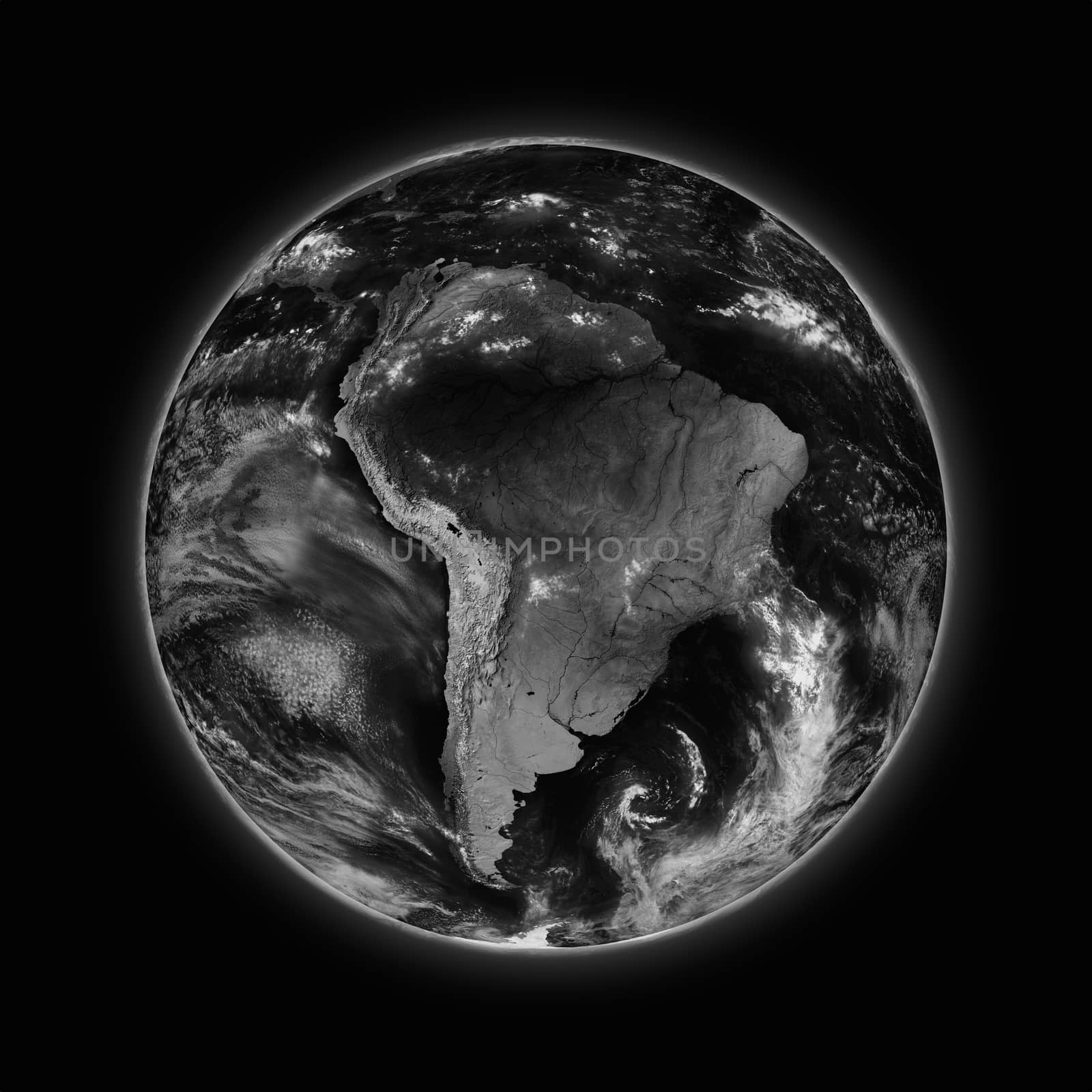 South America on dark planet Earth isolated on black background. Highly detailed planet surface. Elements of this image furnished by NASA.