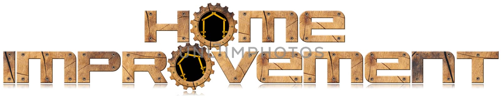 Wooden symbol with text Home Improvement, wooden gears and wooden meter ruler in the shape of house. Isolated on white background