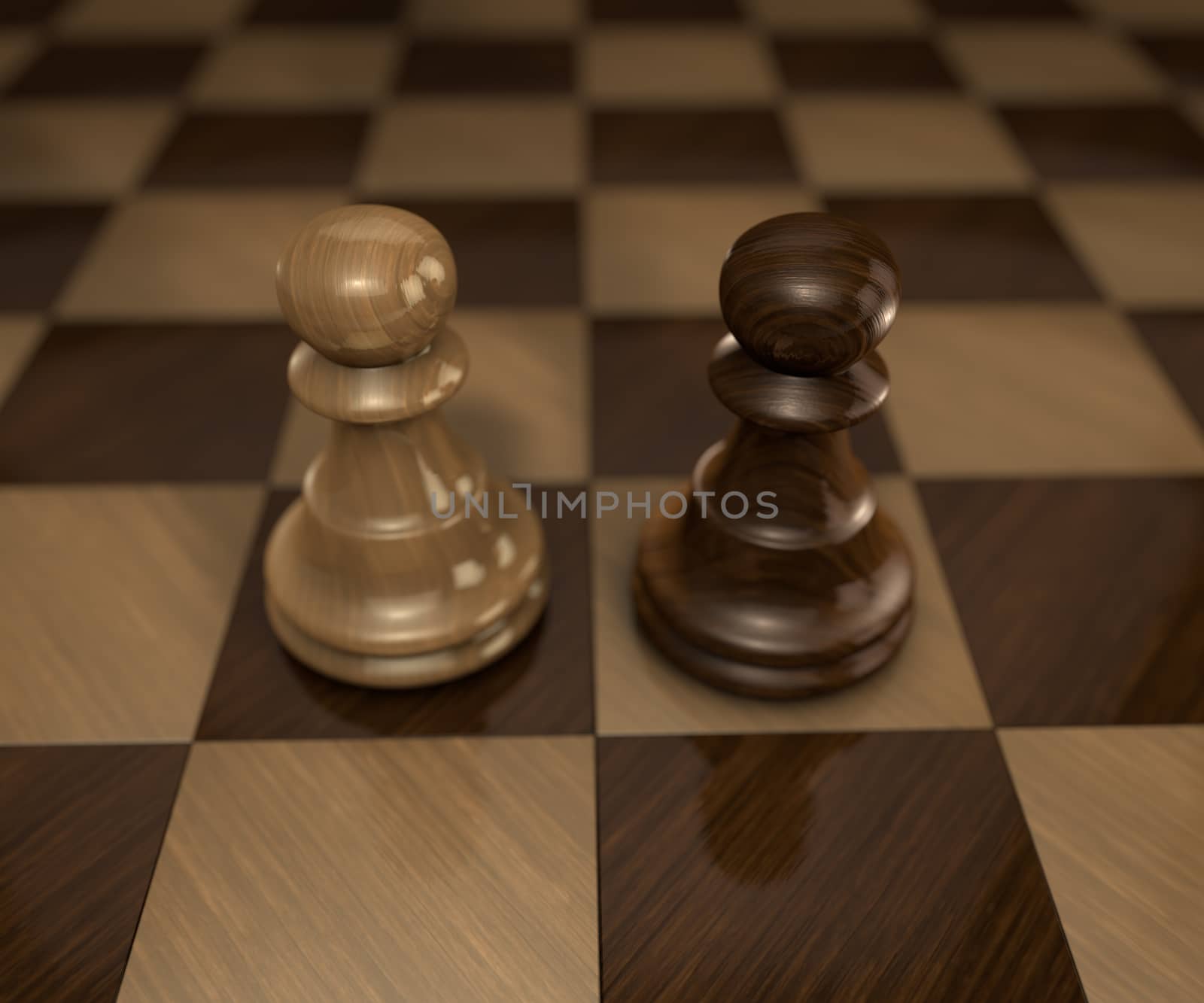 two standing pawn chess pieces on checkered chess board by stockbp