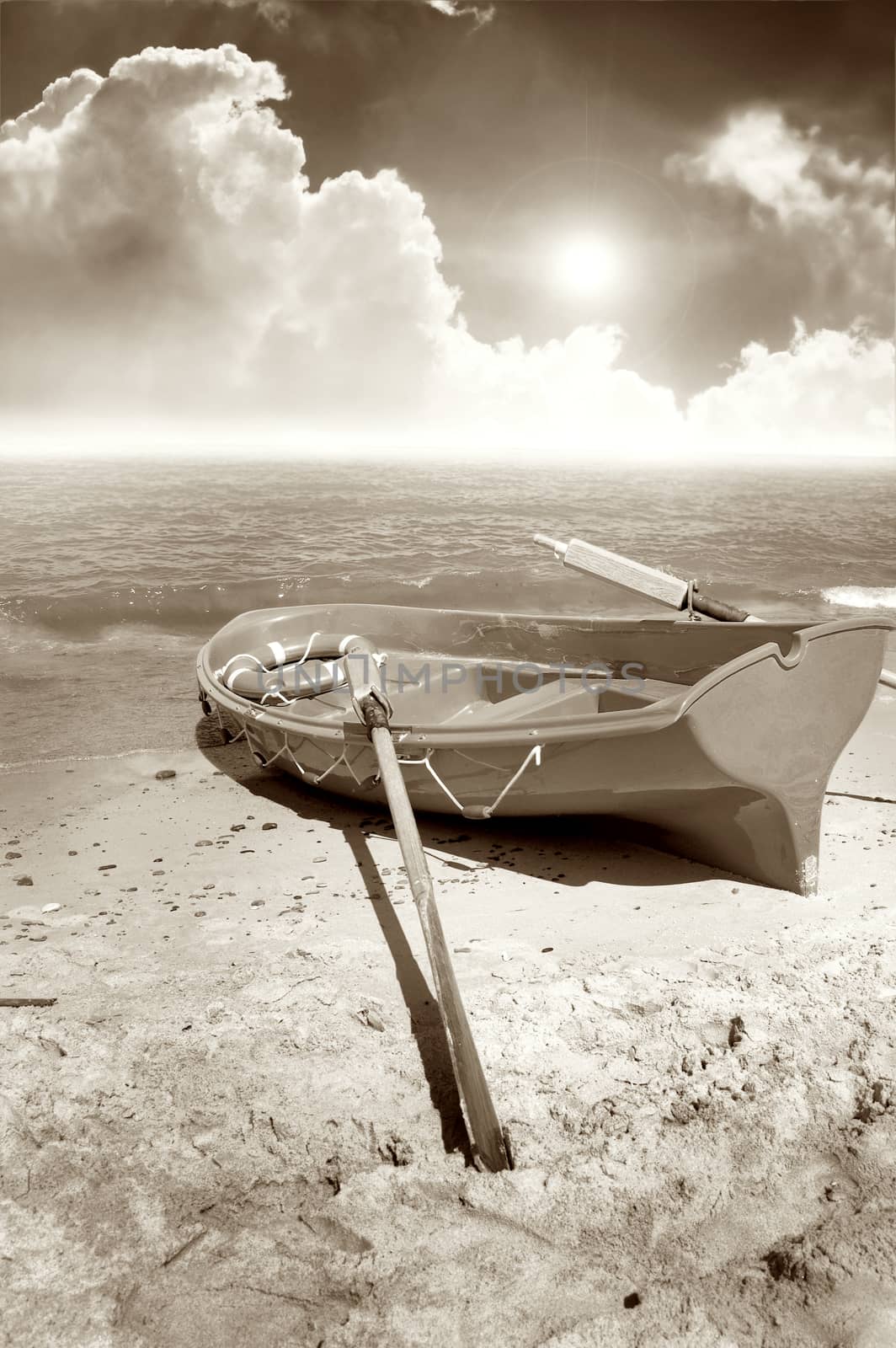 Small fishing boat in the beach. Sepia picture.