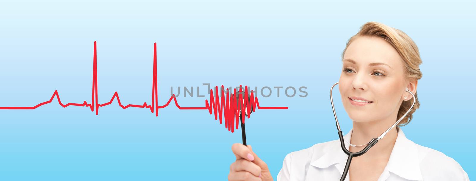 healthcare, people, medicine, cardiology and technology concept - smiling young female doctor with stethoscope listening to heartbeat cardiogram over blue background