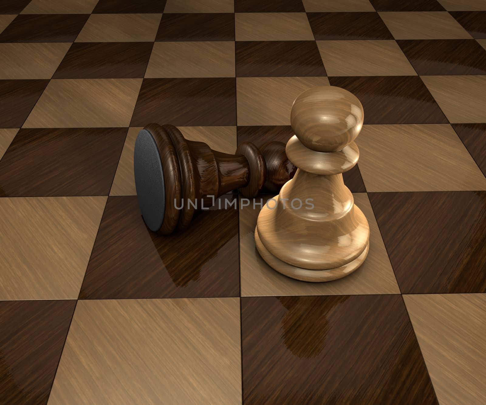 one fallen dark chess piece next to standing light chess piece on a checkered board