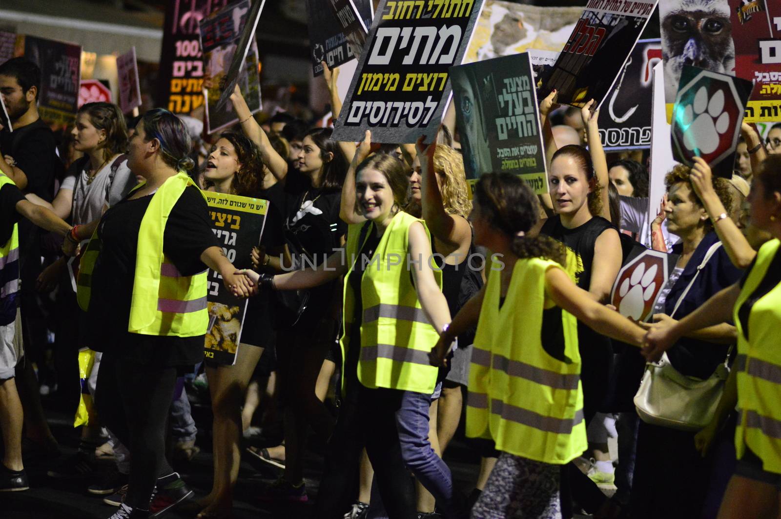 ISRAEL, Tel Aviv: An estimated 10,000 people marched in Tel Aviv for animal rights on October 3, 2015. 	In the largest-ever protest in Israel and the third annual protest under the name The Animal Rights March various struggles concerning animal protection united: wild life, animal testing, fur, street cats and dogs, and farm animals. 