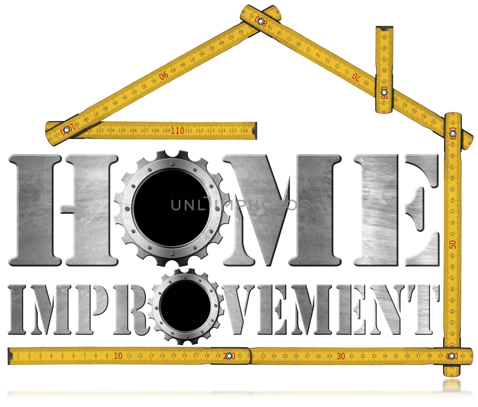 Symbol with text Home Improvement, metal gears and wooden meter ruler in the shape of house. Isolated on white background